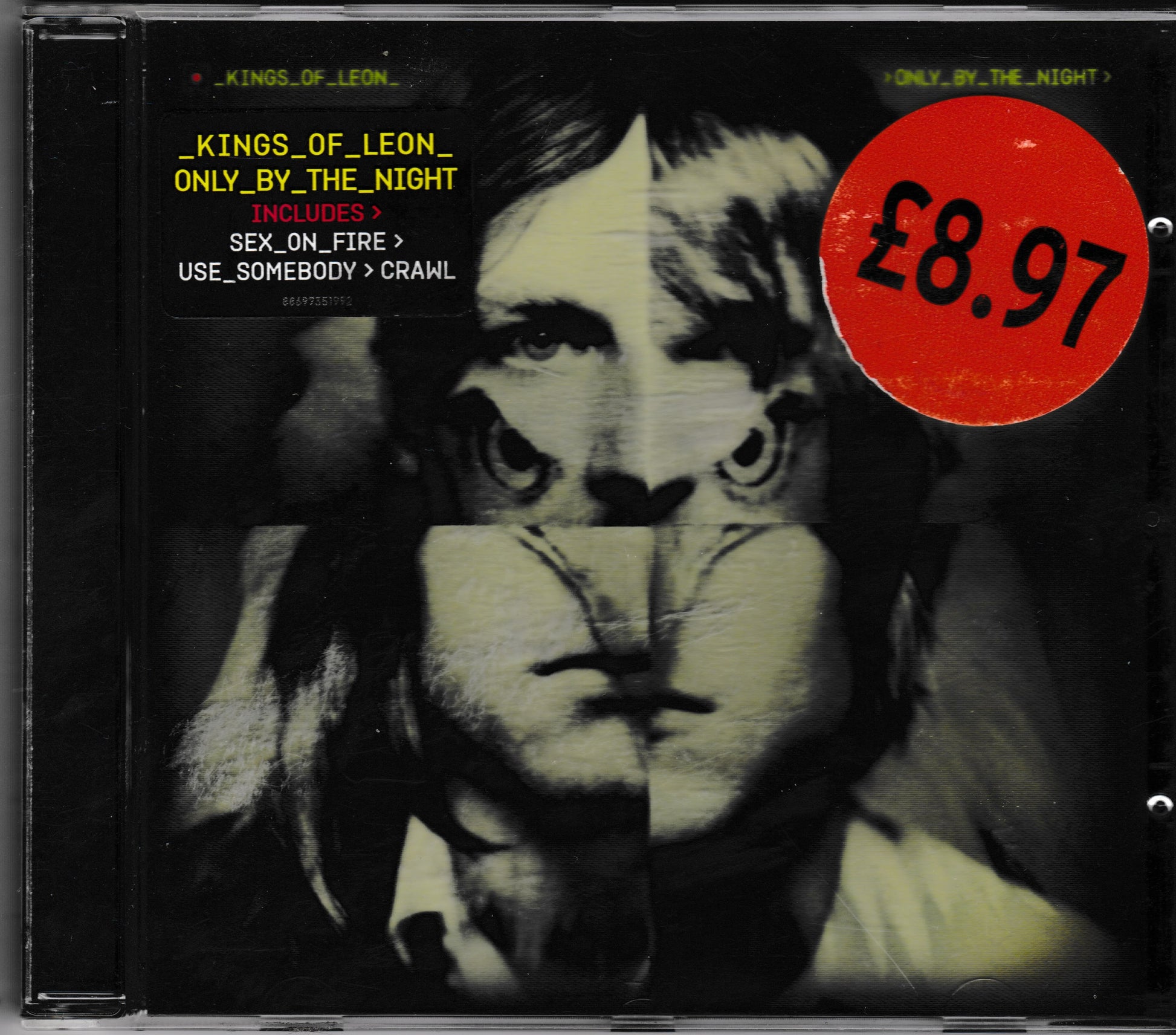 Kings of Leon 'Only by the Night' CD album cover, featuring a black-and-white collage portrait with a red price sticker showing £8.97.