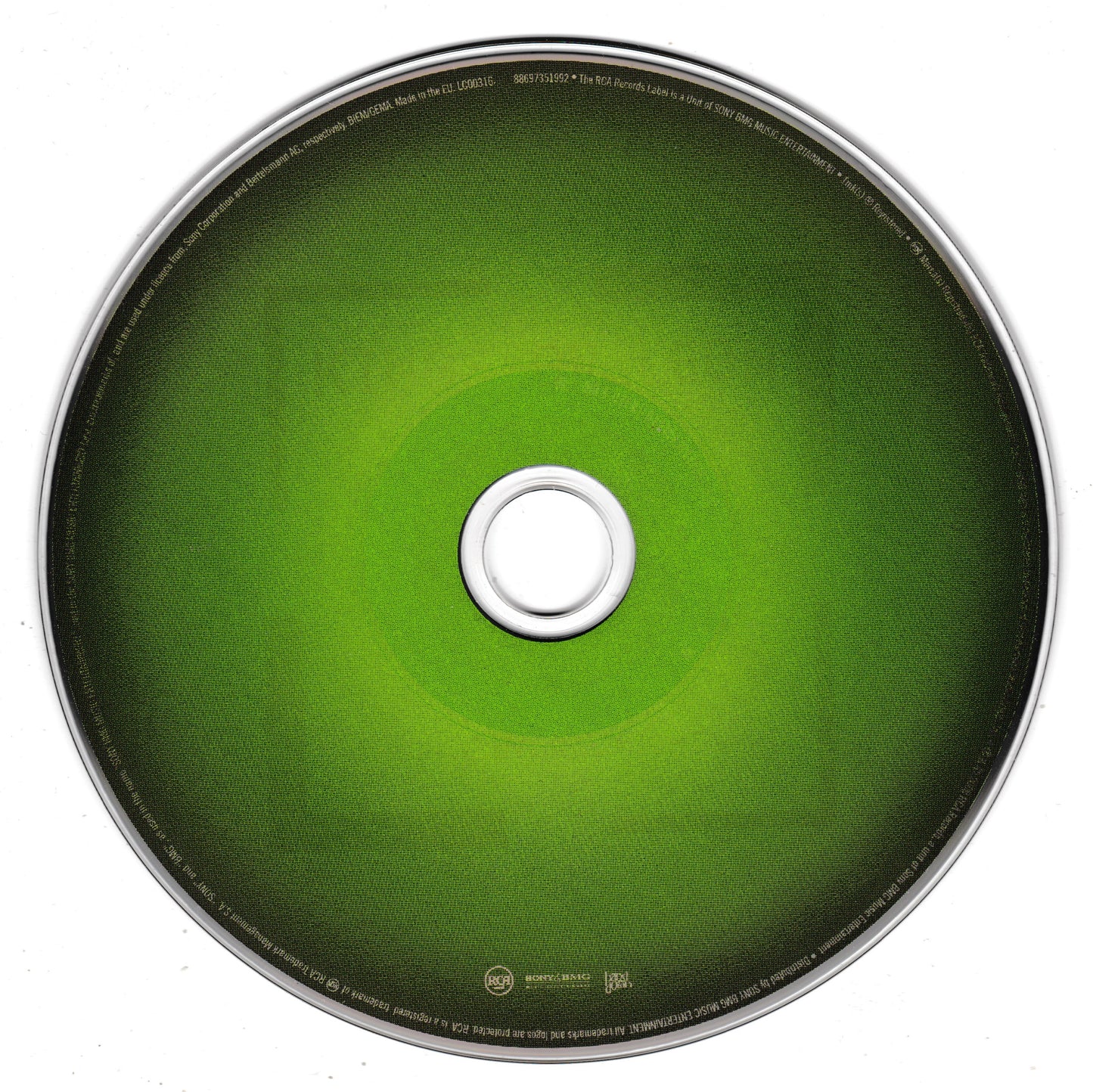 A green CD with a silver reflective rim, featuring concentric green rings and small printed text near the bottom centre, isolated on a white background.