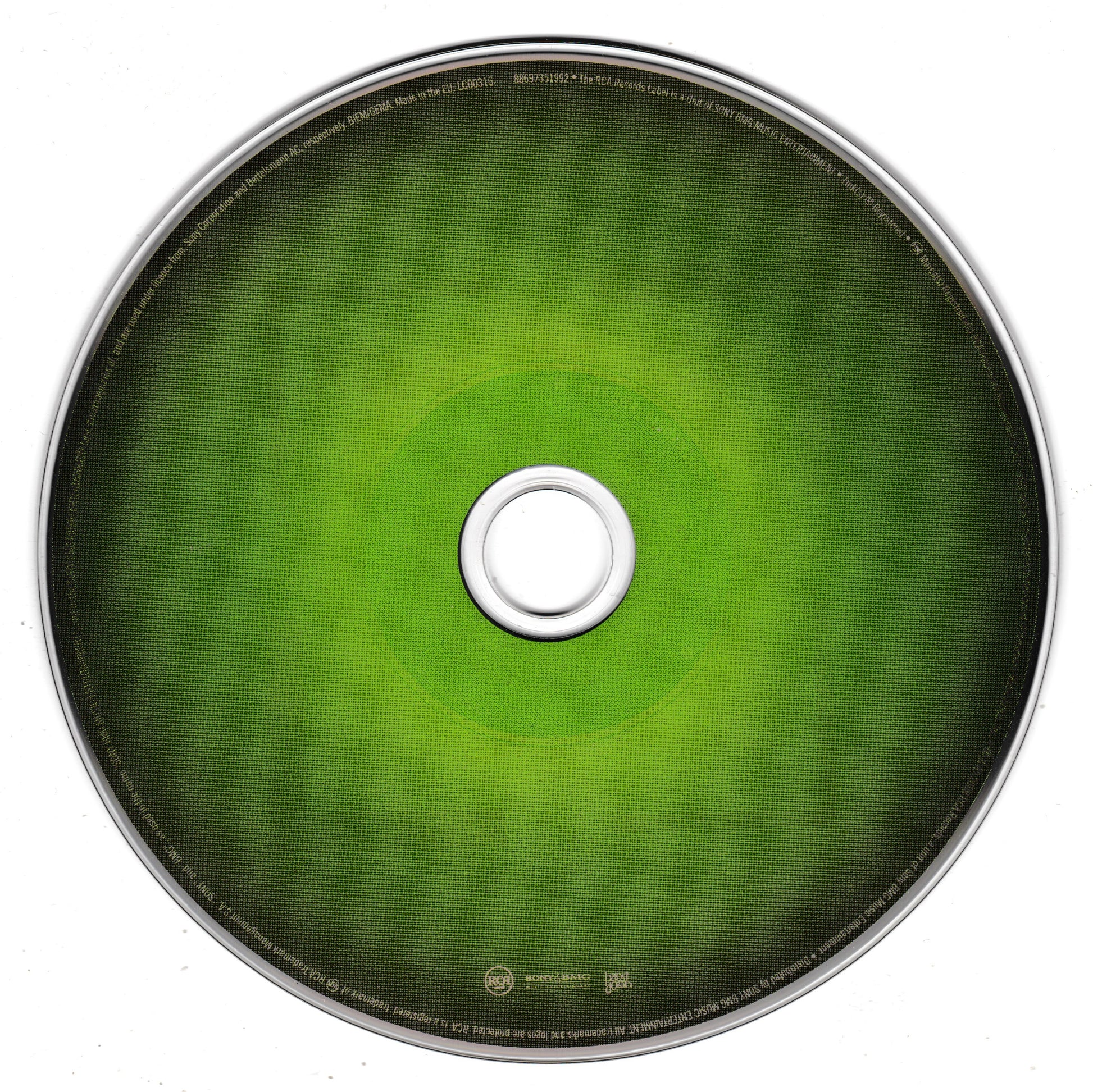 A green CD with a silver reflective rim, featuring concentric green rings and small printed text near the bottom centre, isolated on a white background.