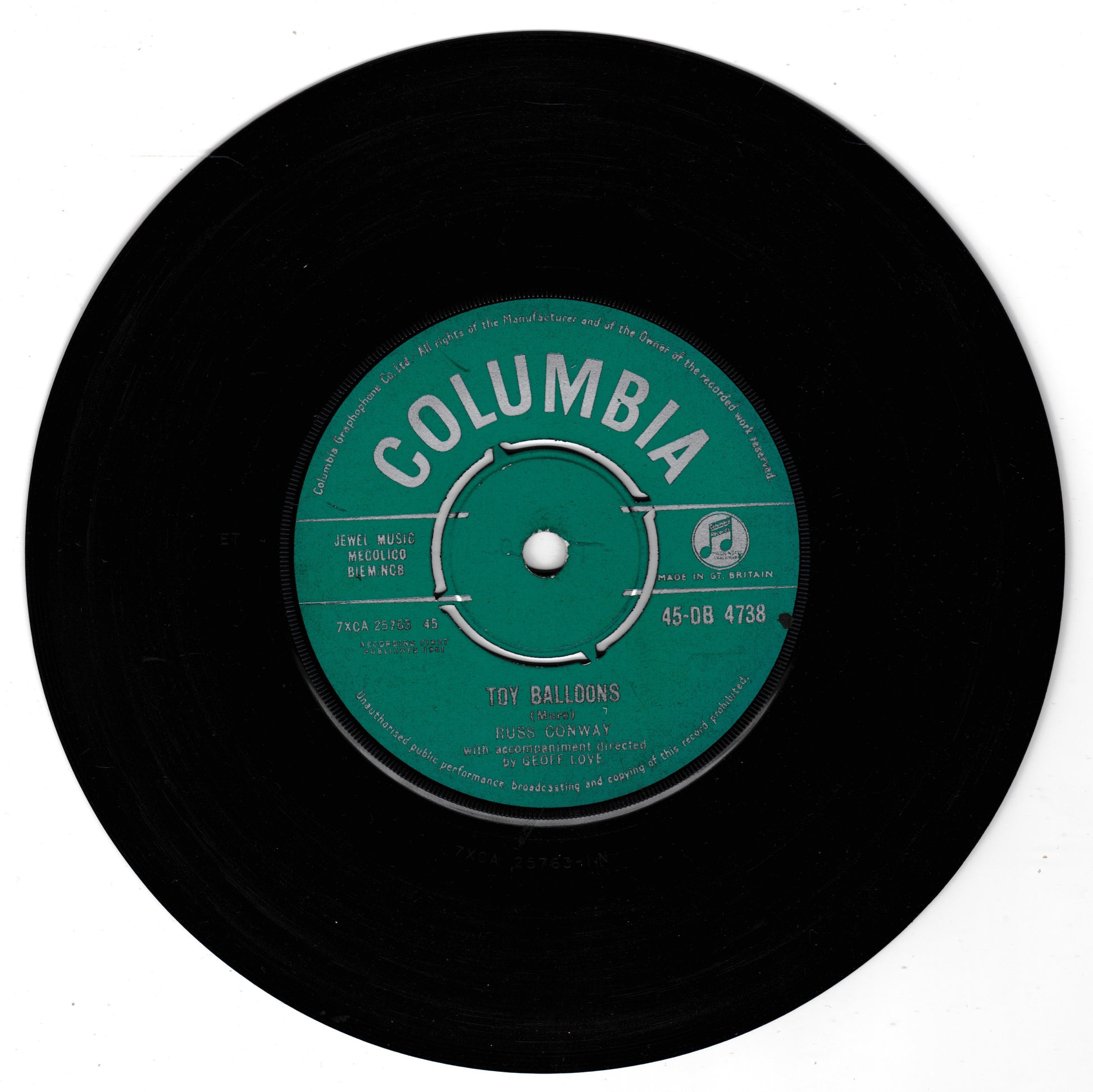 A black vinyl record with a green Columbia label, featuring the artist Toby Balloons and the track 'Eggshell', photographed on a white background.