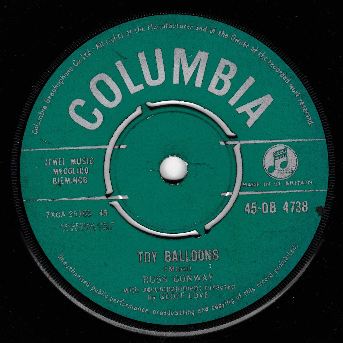 A vintage Columbia record label in teal green with white text, featuring the song title 'Toy Balloons' and artist Russ Conway. The circular label is photographed close-up against a black background.