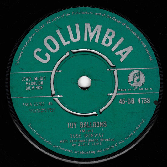 A vintage Columbia record label in teal green with white text, featuring the song title 'Toy Balloons' and artist Russ Conway. The circular label is photographed close-up against a black background.