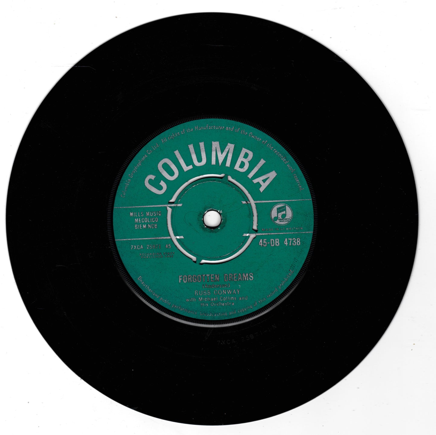 A vintage black 7-inch vinyl record with a green Columbia label, featuring the song title 'Forgotten Dreams' by Elvis Presley. The record is photographed flat against a plain white background.