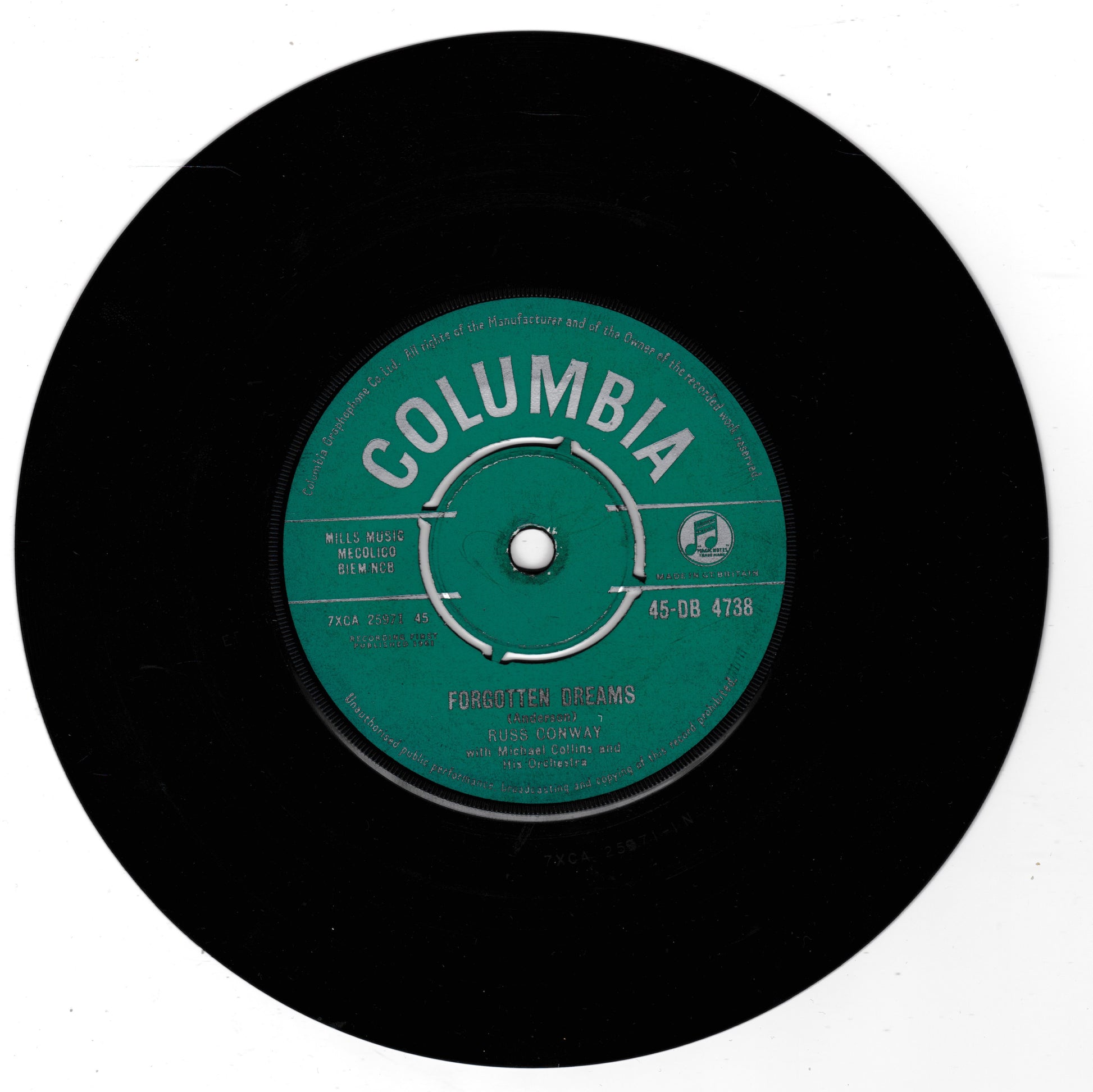 A vintage black 7-inch vinyl record with a green Columbia label, featuring the song title 'Forgotten Dreams' by Elvis Presley. The record is photographed flat against a plain white background.