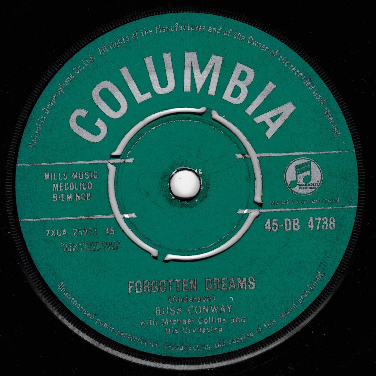 A vintage Columbia 7-inch vinyl record label for the song 'Forgotten Dreams' by Russ Conway, featuring a bright green center label with white text and a black outer rim.
