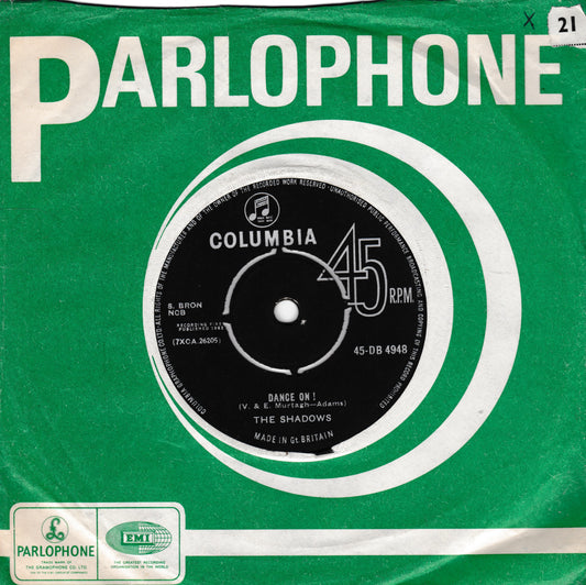 Vintage Parlophone 45 rpm record sleeve for 'Dance On' by The Shadows, featuring a green cover with a white circular graphic and a black-and-white Columbia label in the centre.