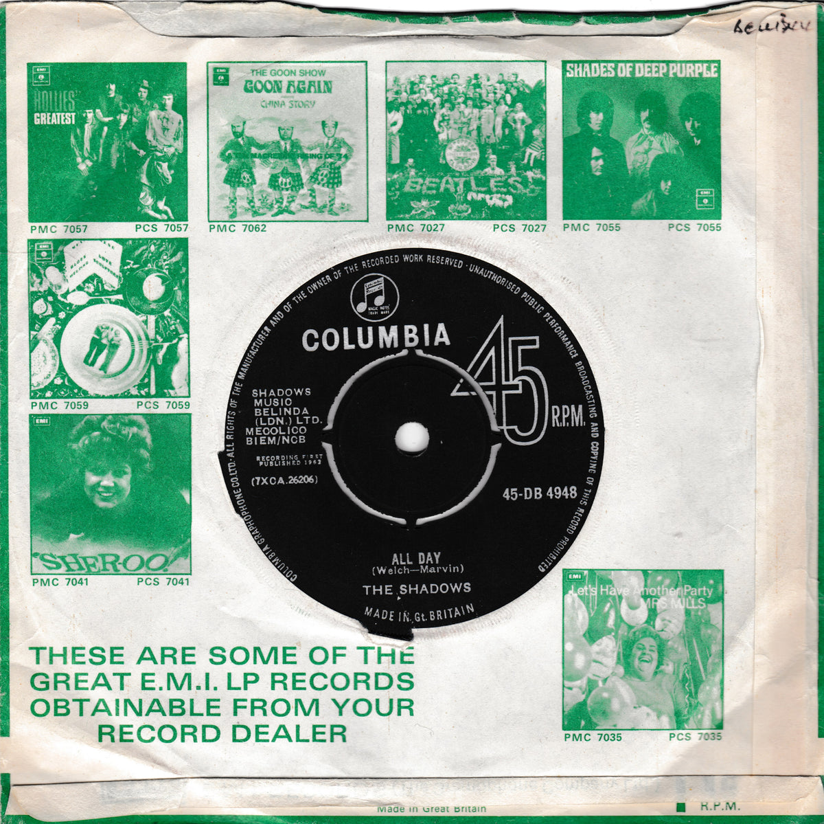 A vintage vinyl record sleeve featuring a black Columbia 45 RPM record for The Shadows' song 'All Day'. The sleeve has a white background with green borders and multiple green-tinted band photos around the edges, including White Graces, Good Friday, Beatles, and Shershine.
