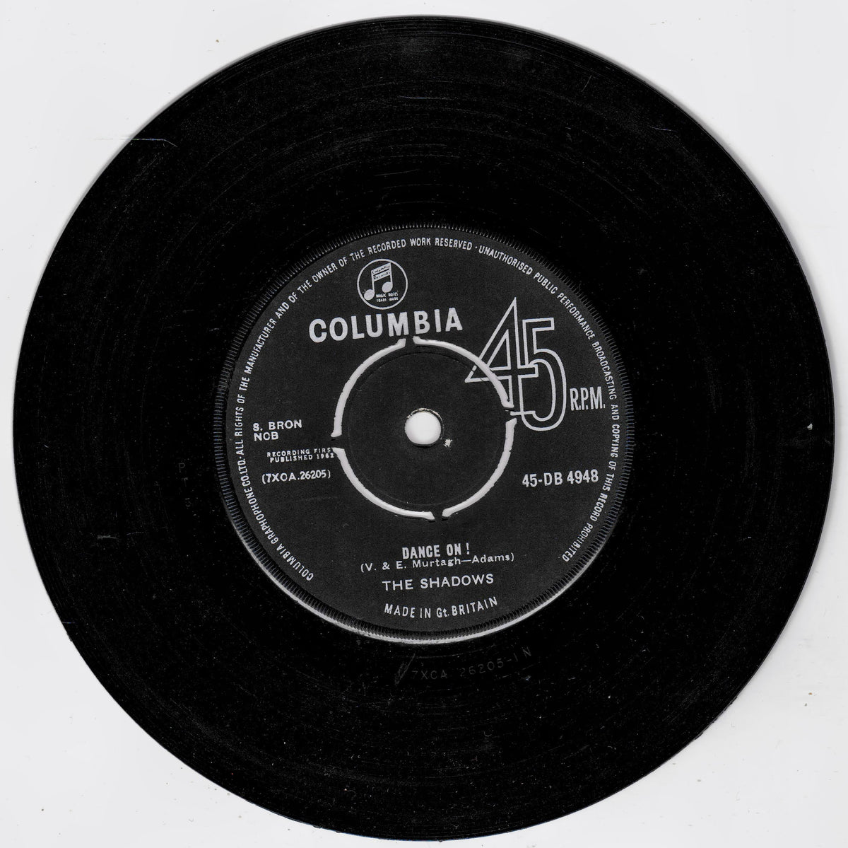 A black 45 RPM vinyl record by The Shadows, featuring the Columbia label with the song title 'Dance On' and artist name 'The Shadows' printed in white on a light gray background.