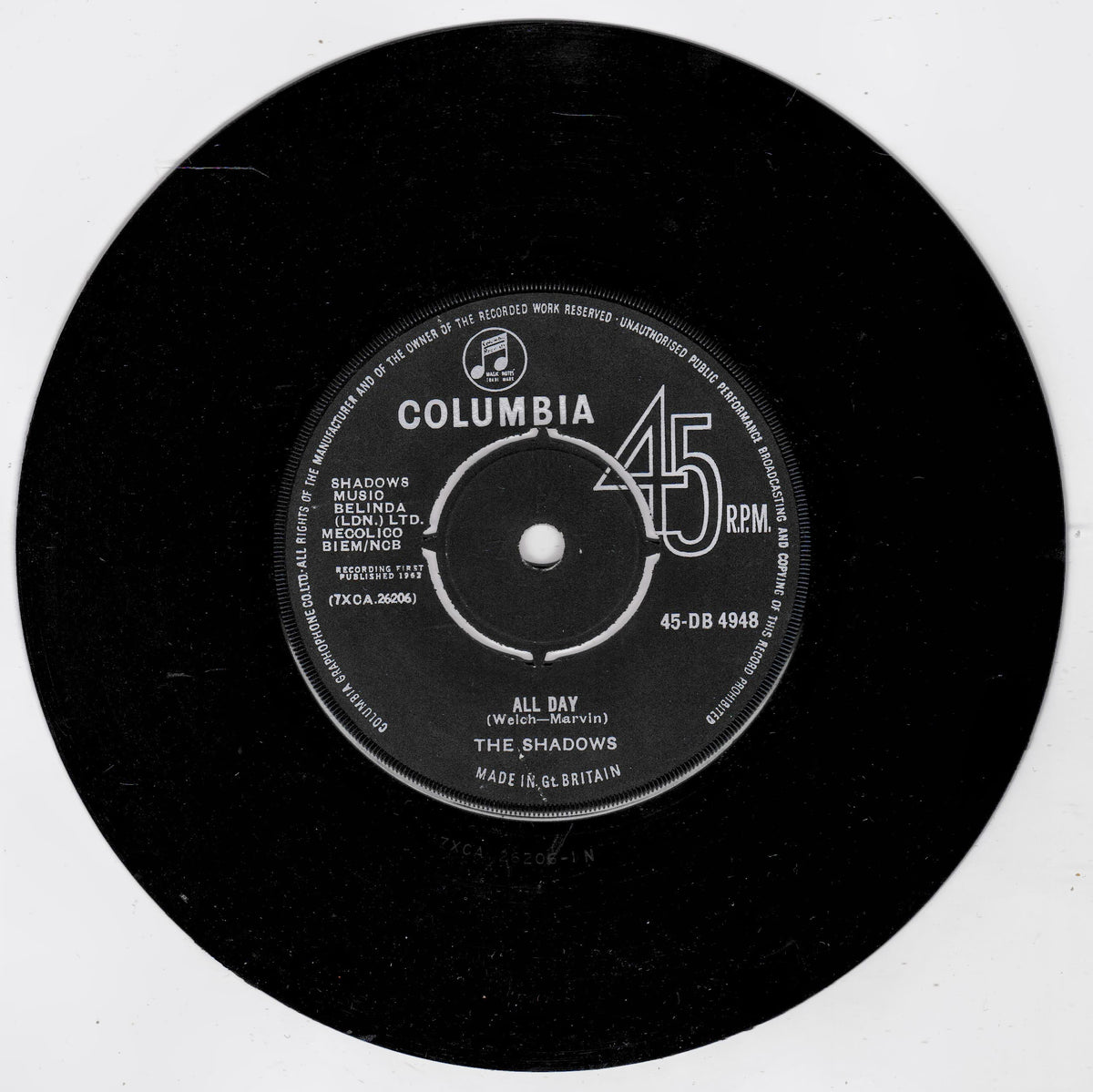 A black 45 RPM vinyl record with a white Columbia label, featuring the song 'All Day' by The Shadows.