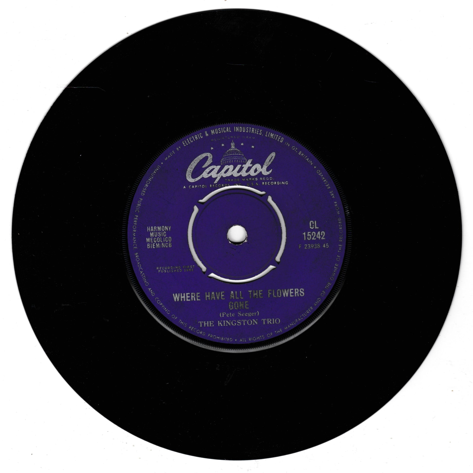 A black vinyl record with a purple Capitol label, featuring the song 'Where Have All The Flowers' by The Kingston Trio.