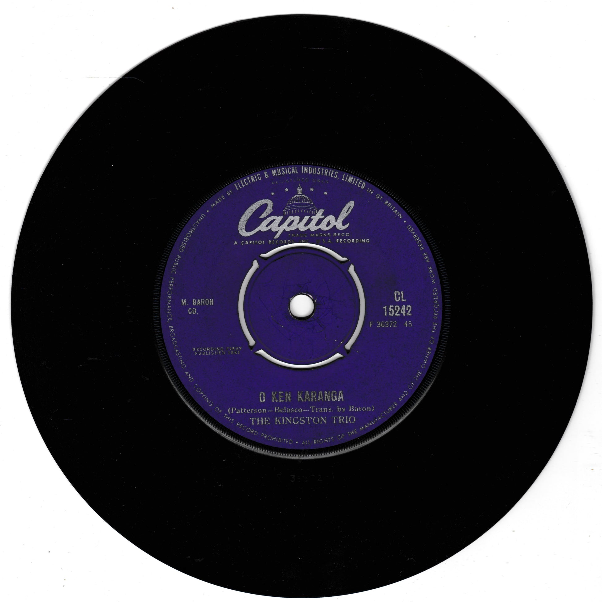 A black vinyl record with a purple Capitol label, featuring the song 'O Ken Karanga' by The Kingston Trio.