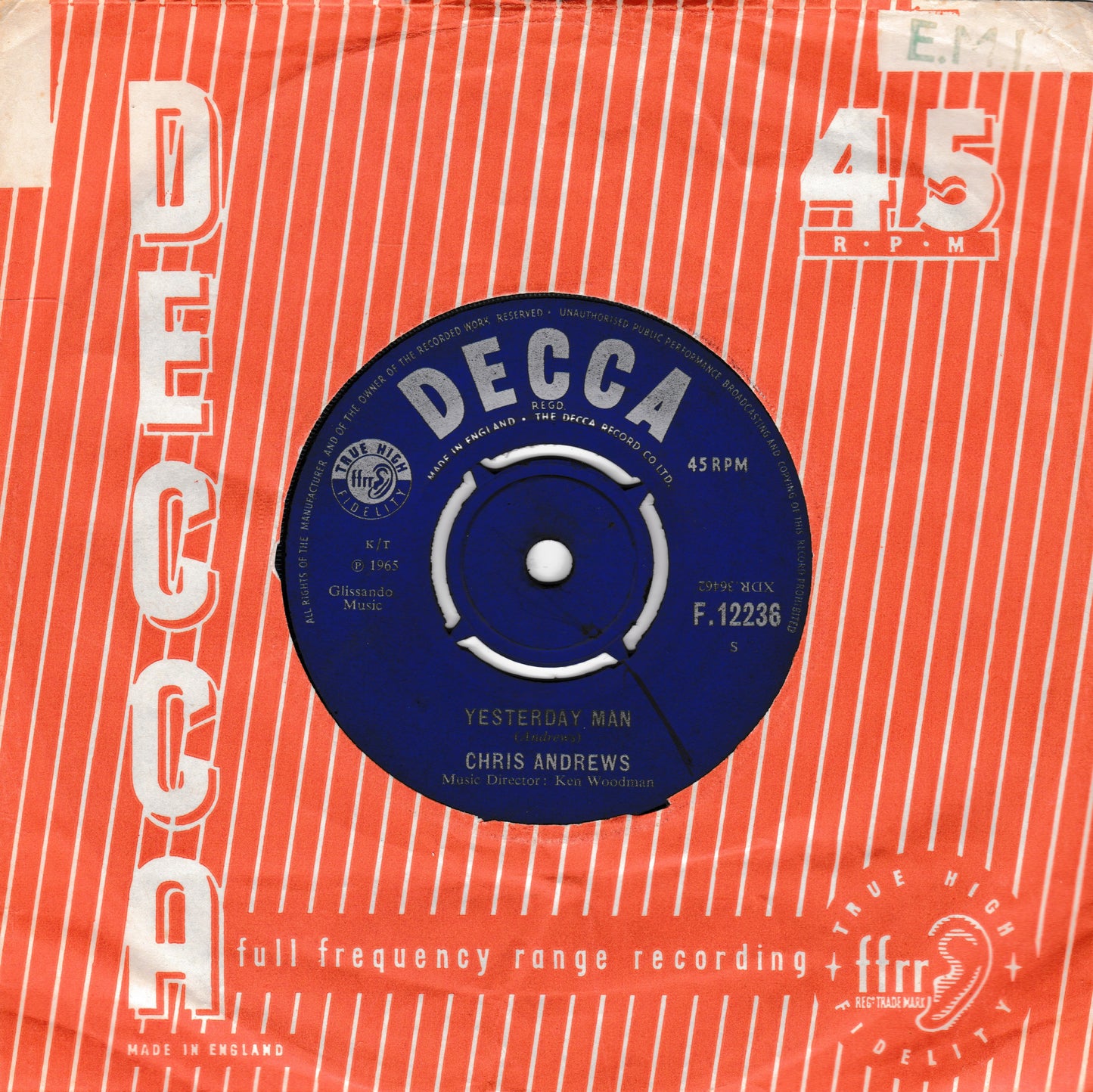 A vintage 45 rpm record sleeve for Chris Andrews' 'Yesterday Man' on Decca Records. The sleeve features a bold orange and white striped design with the word 'DECCA' printed vertically on the left.