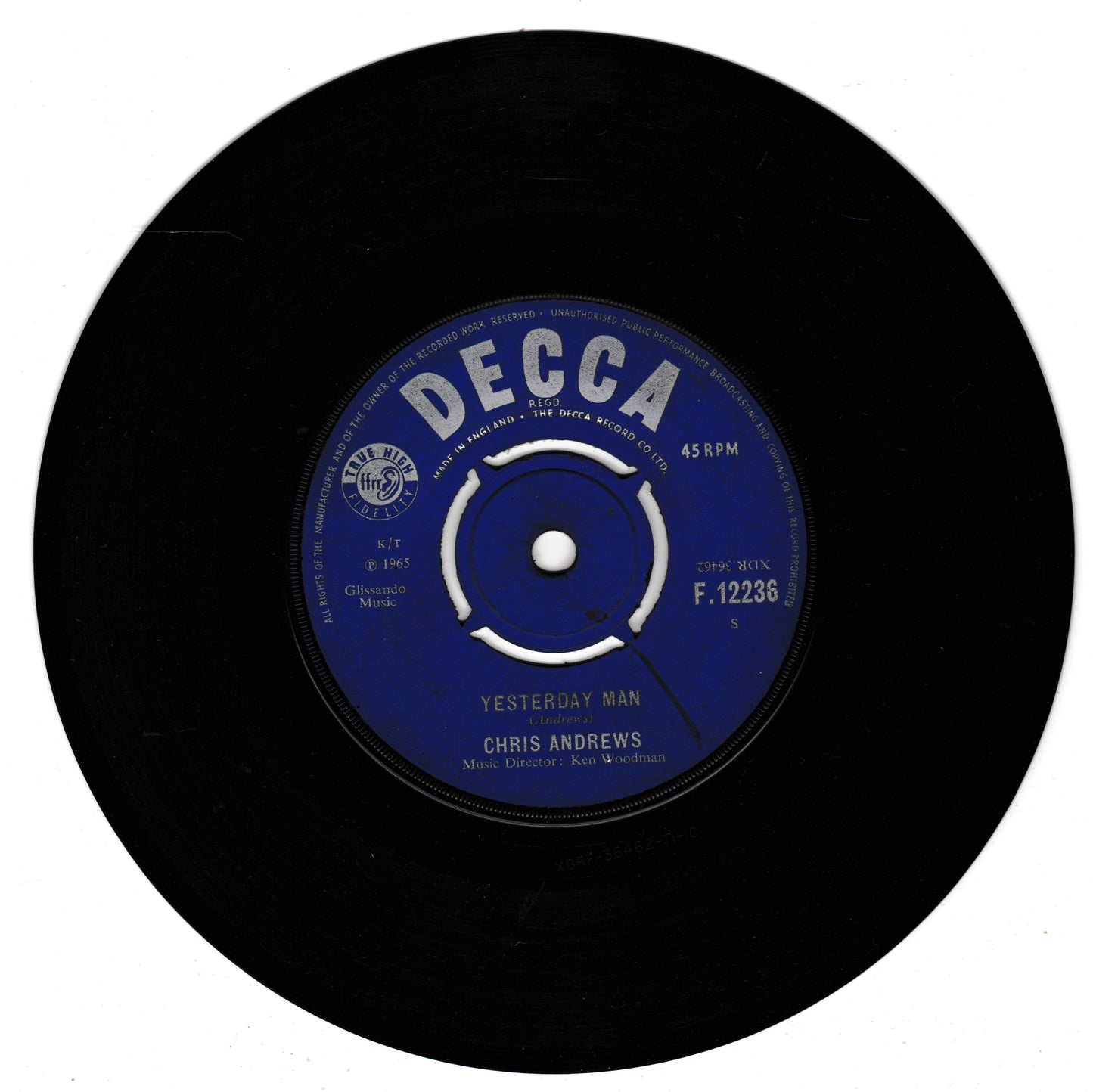 A black 45 RPM vinyl record with a blue centre label reading 'DECCA' and 'Yesterday Man' by Chris Andrews, shown on a plain white background.