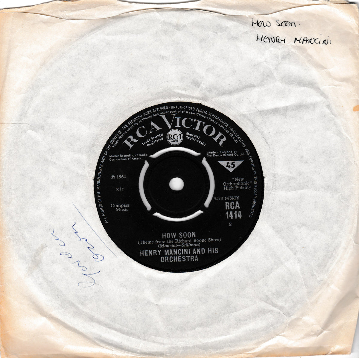 A vintage RCA Victor 7-inch vinyl record sleeve for 'How Soon' by Henry Mancini and His Orchestra, featuring a black-and-white centre label on aged off-white paper with handwritten markings.