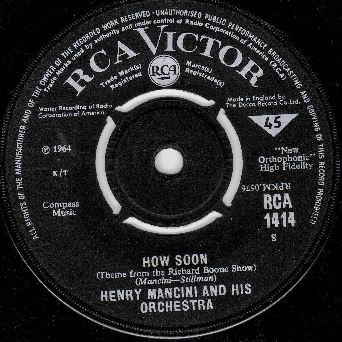 A black RCA Victor 45 single record label for Henry Mancini and His Orchestra's 'How Soon', featuring white text and the RCA logo.