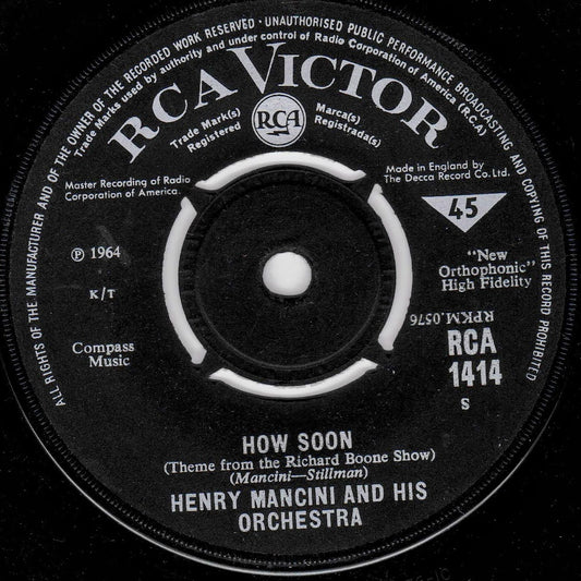 A black RCA Victor 45 single record label for Henry Mancini and His Orchestra's 'How Soon', featuring white text and the RCA logo.