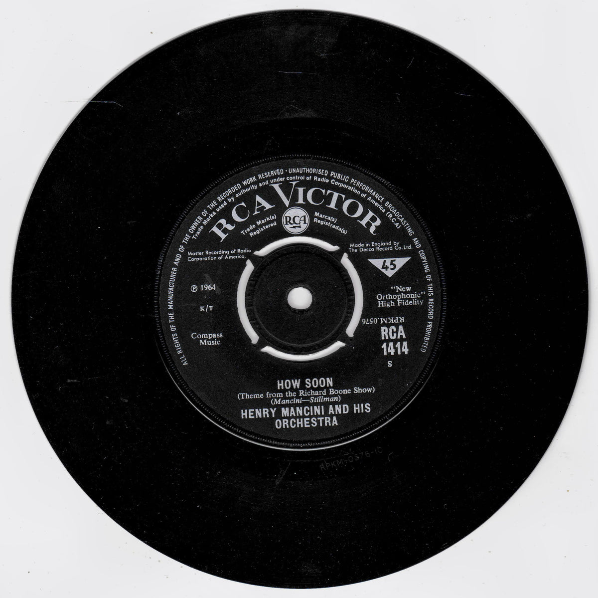 A black 45 rpm vinyl record with a white RCA Victor label, featuring Henry Mancini and His Orchestra's song 'How Soon'.