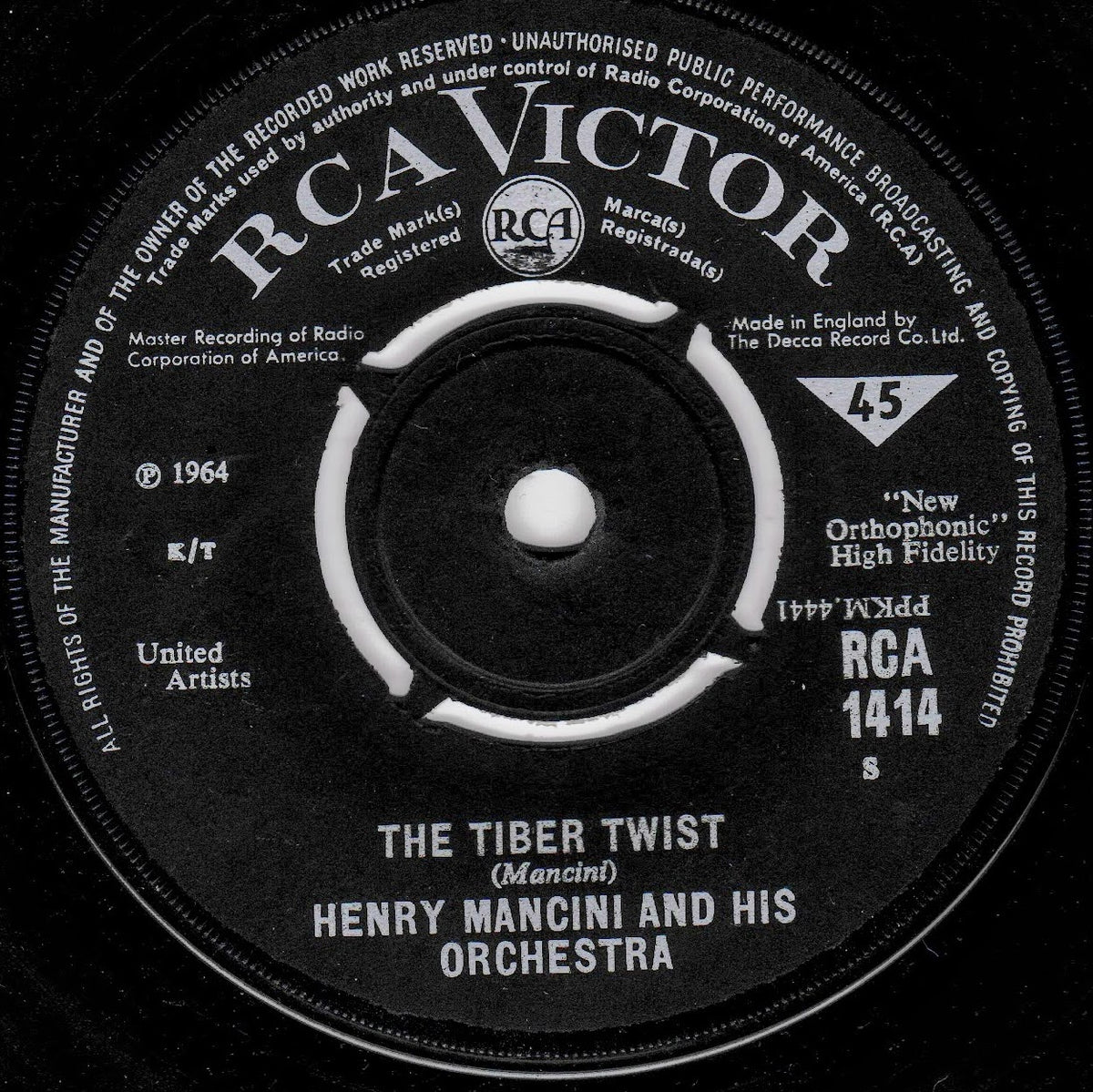 A close-up of a vintage RCA Victor 45 rpm record label for 'The Tiber Twist' by Henry Mancini and His Orchestra, featuring the black vinyl disc with white printed text and design.