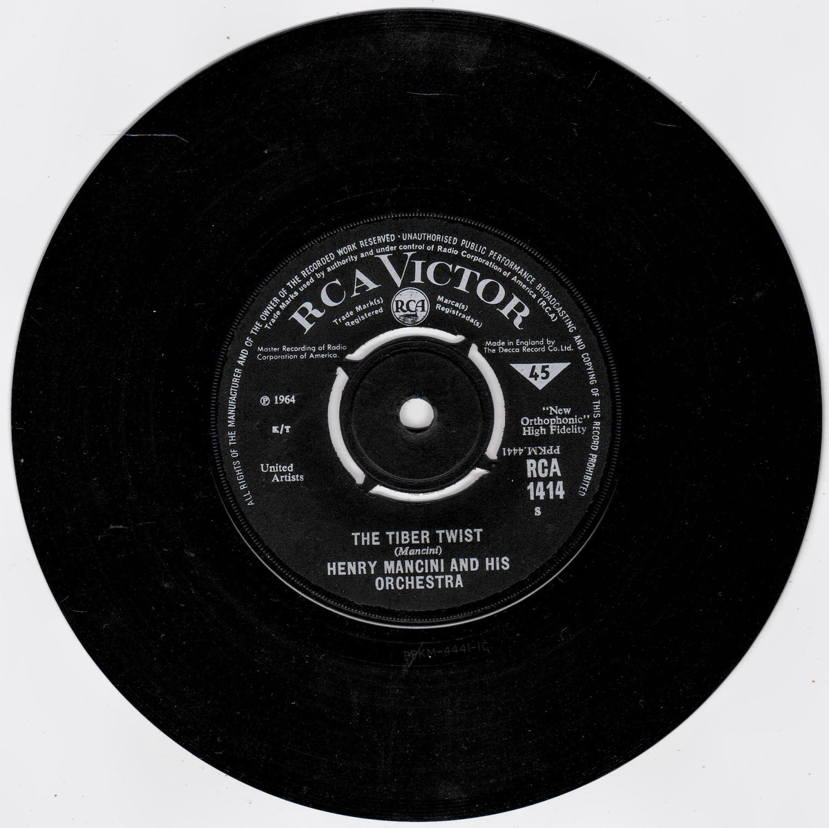 A black 7-inch vinyl record label for RCA Victor's 'The Tiber Twist' by Henry Mancini and His Orchestra, featuring white printed text and a white circular logo on a black disc.