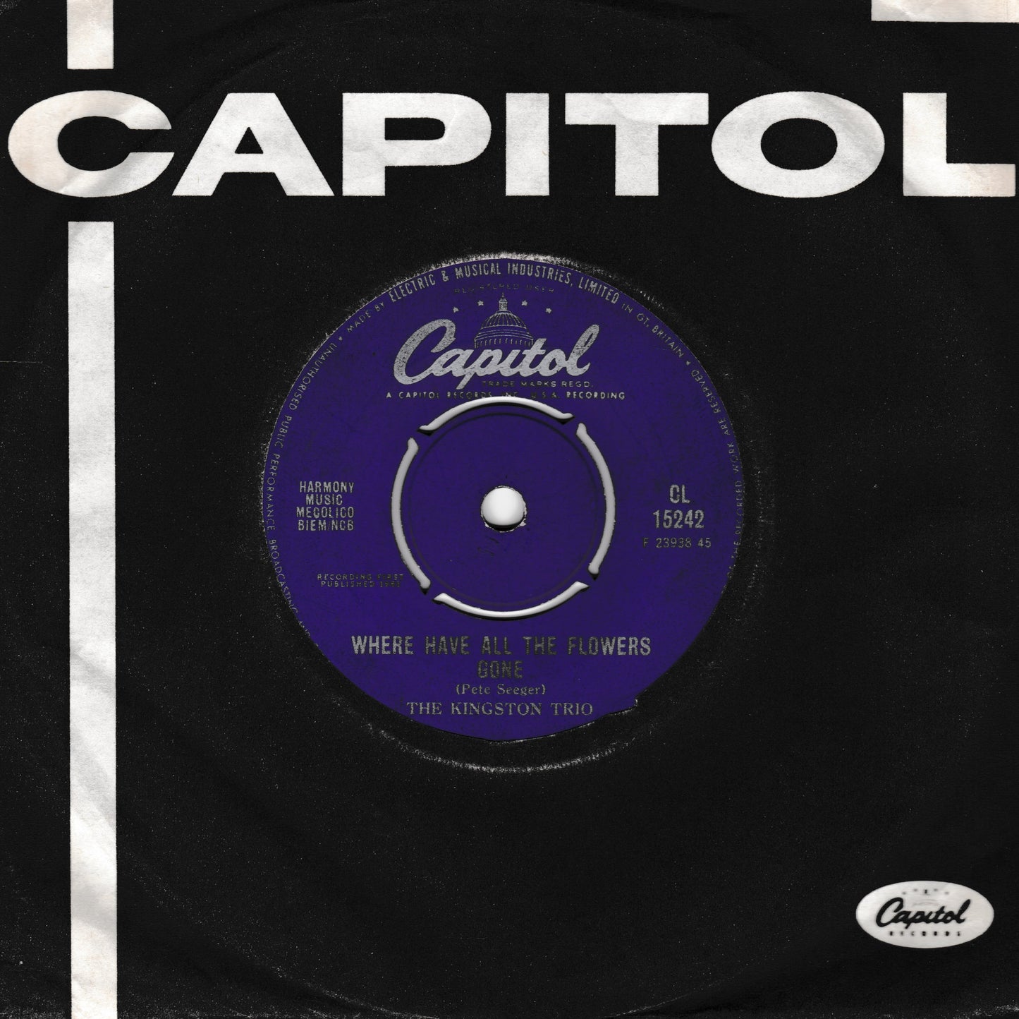 A vintage Capitol Records 7-inch vinyl record sleeve for 'Where Have All The Flowers' by The Kingston Trio. The sleeve is black with a large white Capitol logo at the top and a purple centre label featuring the Capitol logo and white text.