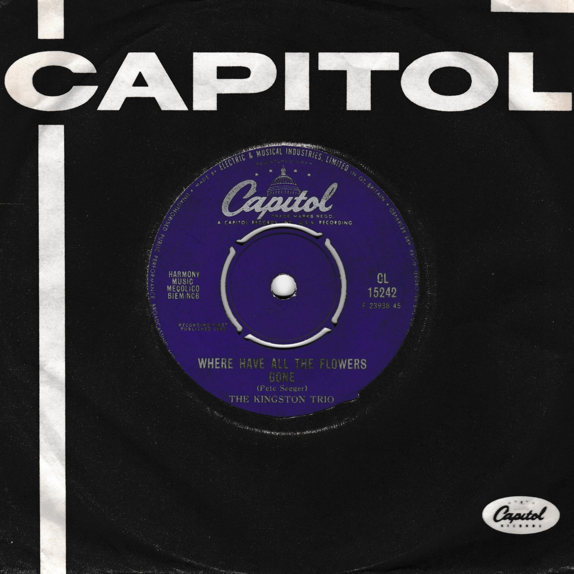 A vintage Capitol Records 7-inch vinyl record sleeve for 'Where Have All The Flowers' by The Kingston Trio. The sleeve is black with a large white Capitol logo at the top and a purple centre label featuring the Capitol logo and white text.