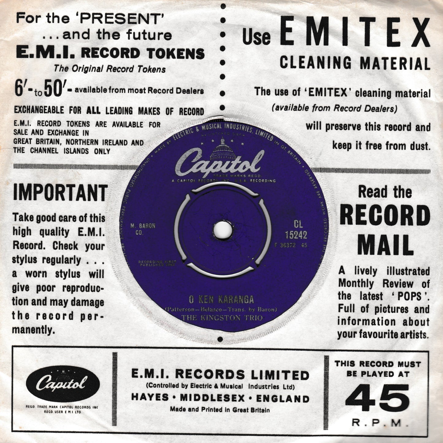Vintage Capitol Records promotional insert for EMI-TEX cleaning material, featuring a blue Capitol record in the centre with black, white, and blue printed text around it.