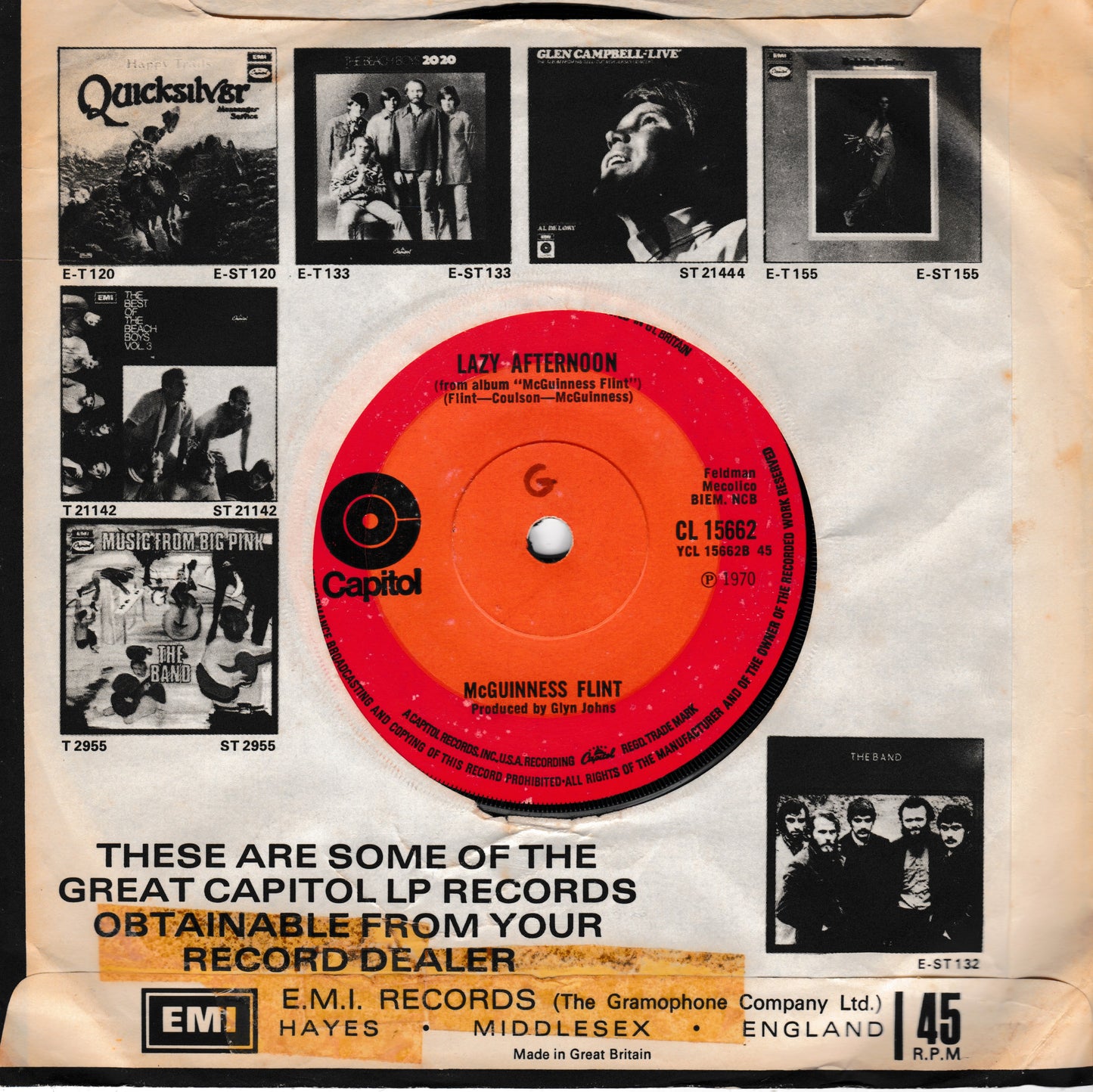 Vintage Capitol single cover featuring a red-orange centre label with the title 'LAZY AFTERNOON' and artist name 'McGuinness Flint,' surrounded by small black-and-white album covers and text advertising Capitol LP records.
