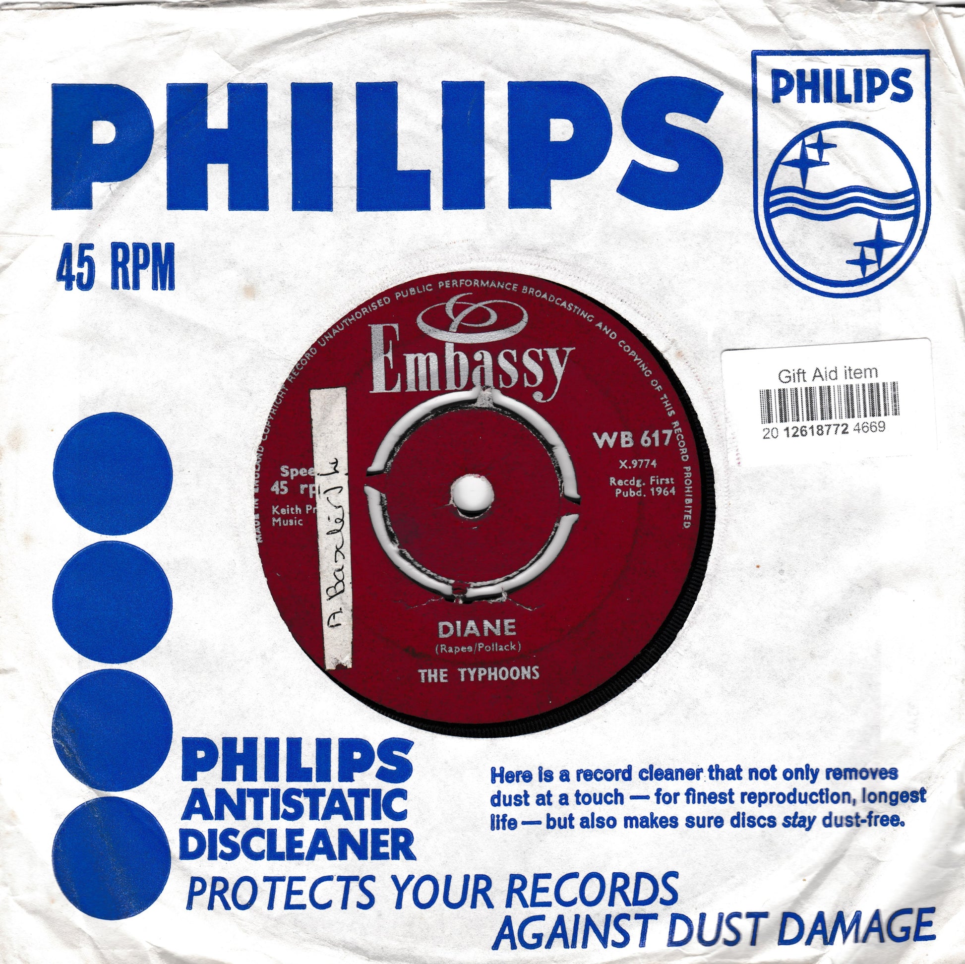 Philips sleeve featuring a vintage Embassy 45 RPM record in the centre, with blue and white branding on a white background.