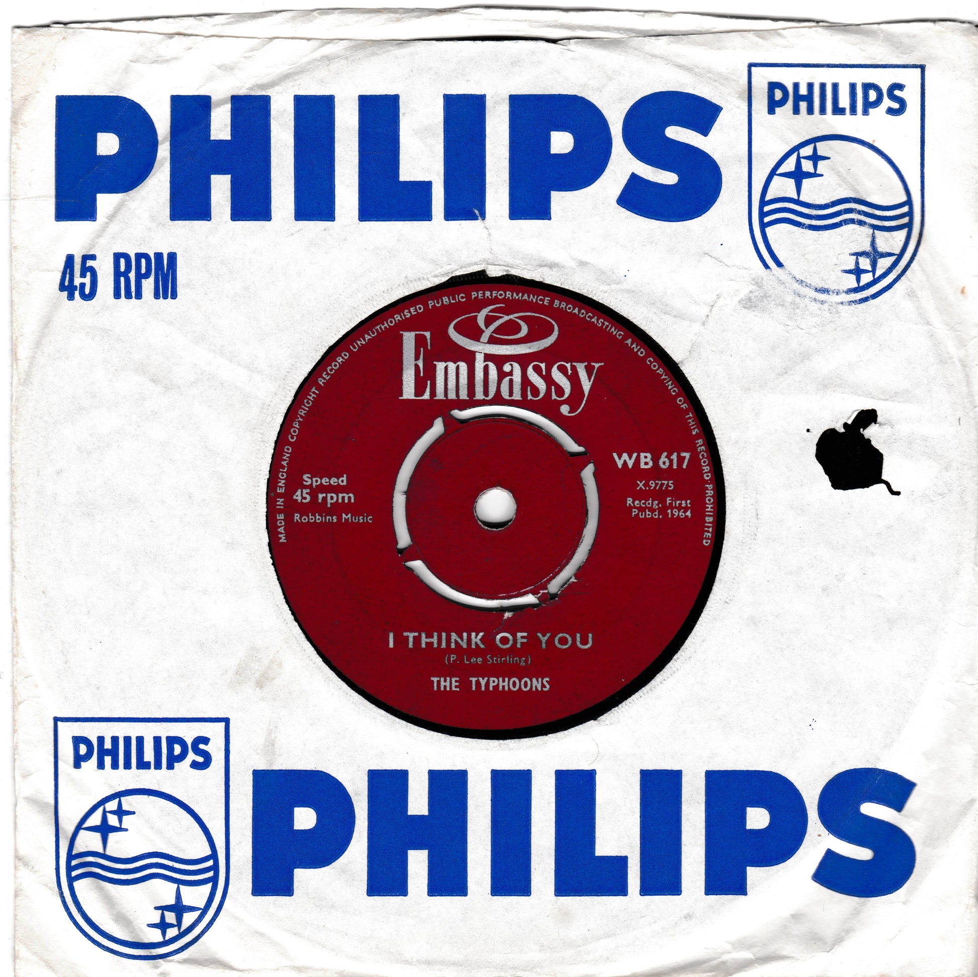 Vintage Philips 45 RPM vinyl record sleeve for 'I Think of You' by The Typhoons, featuring a red central label with the Embassy logo and blue Philips branding on a white background.