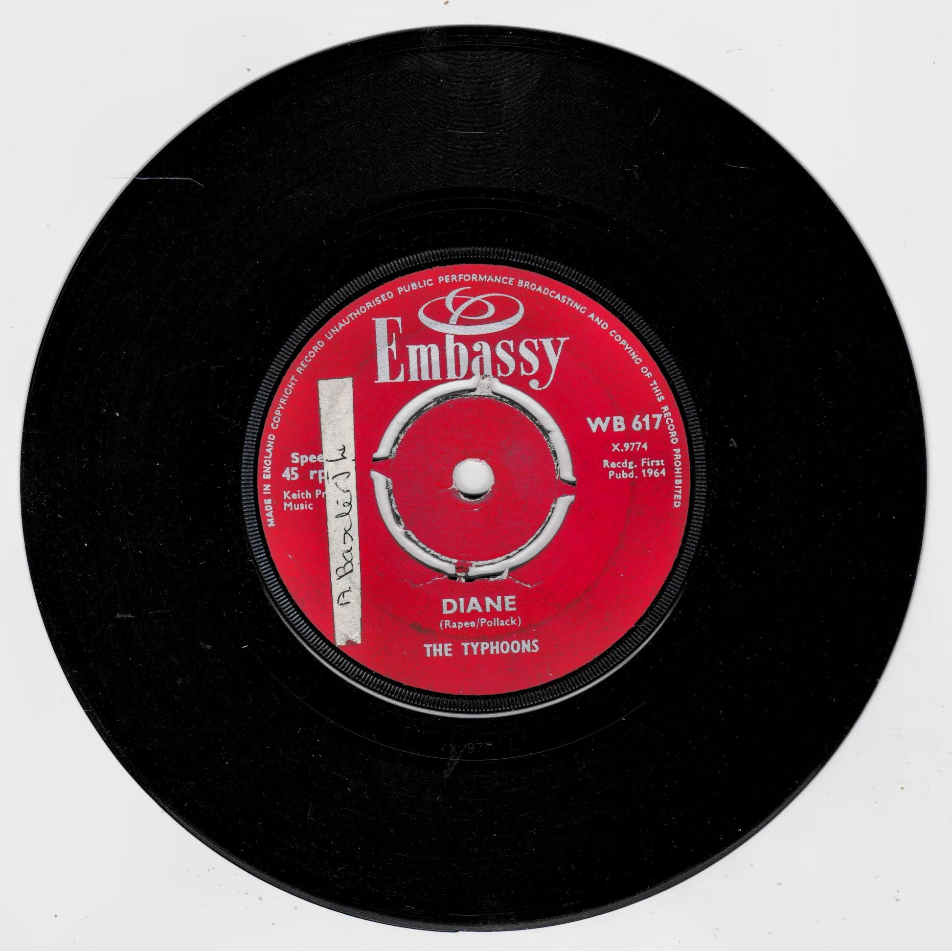 A black 7-inch vinyl record with a red centre label. The label features the white 'Embassy' logo and text identifying the song 'Diane' by 'The Typhoons'.