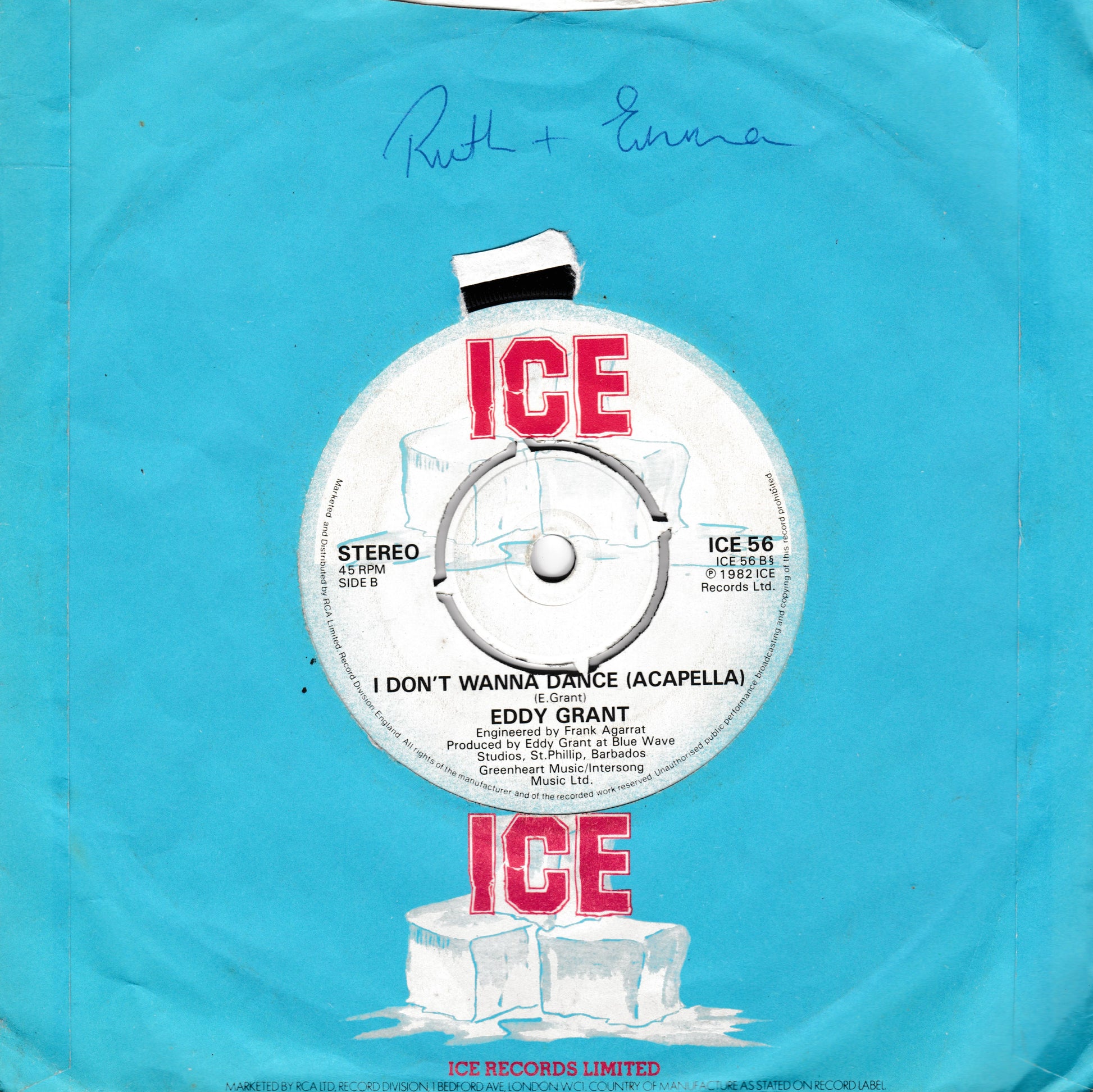 A vintage 7-inch vinyl record sleeve for Eddy Grant's 'I Don't Wanna Dance (Acapella)' on Ice Records. The sleeve is a bright turquoise blue with a white circular label featuring red 'ICE' logos and black text.