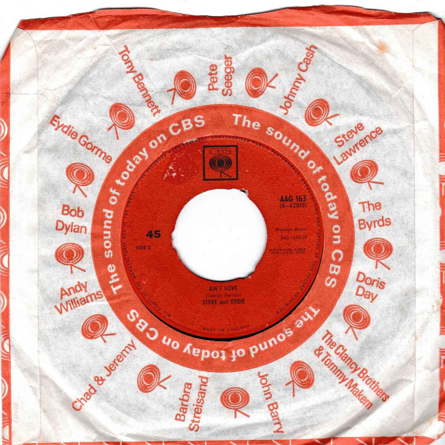 A vintage CBS single sleeve for Steve and Eydie's 45 rpm record 'All Love', featuring a red centre label and orange printed text and lollipop graphics on a white paper sleeve.