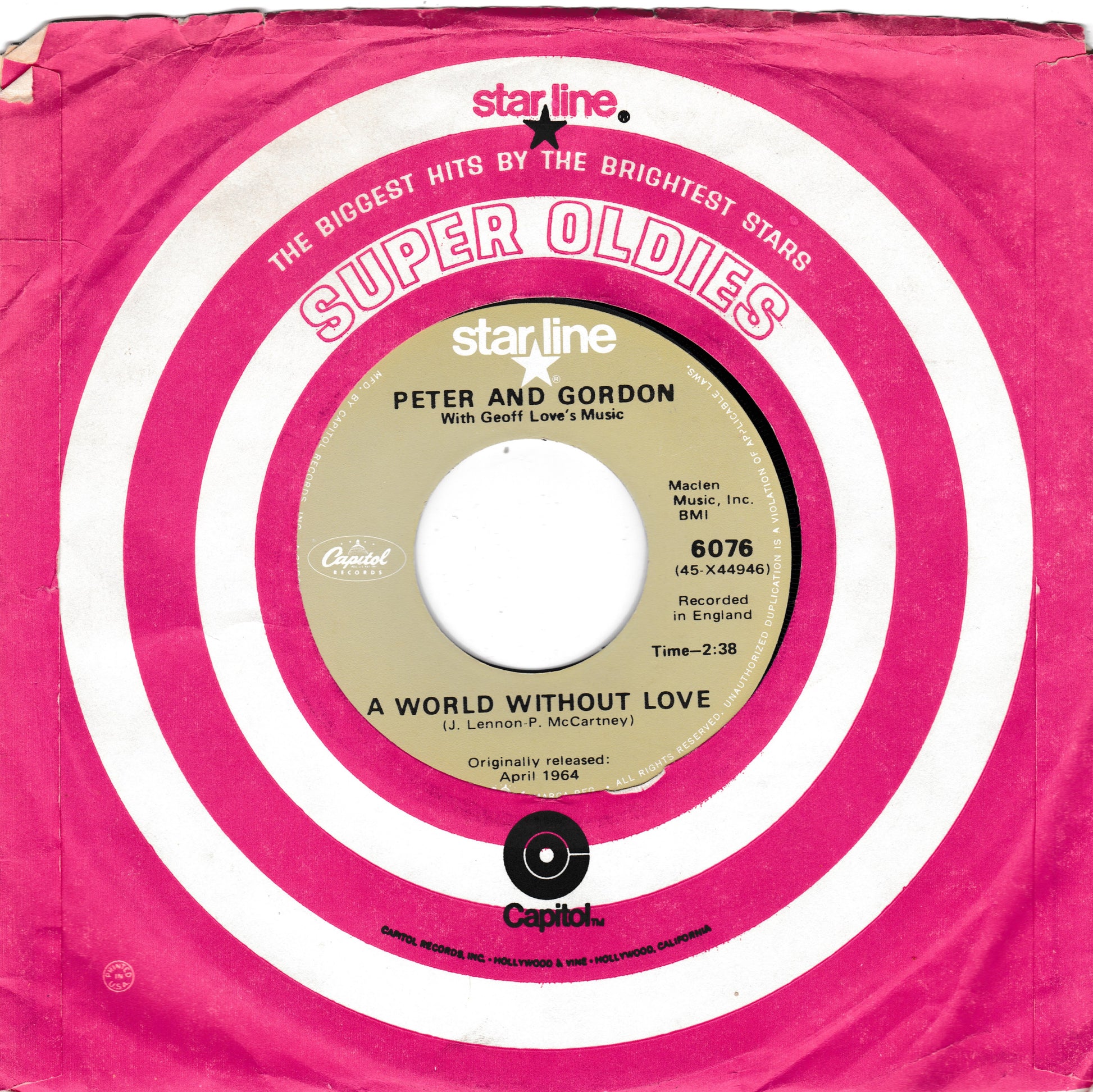Vintage 7-inch vinyl record sleeve for Peter and Gordon's 'A World Without Love' under the Starline Super Oldies series, featuring a pink and white concentric circle design with a beige centre label.