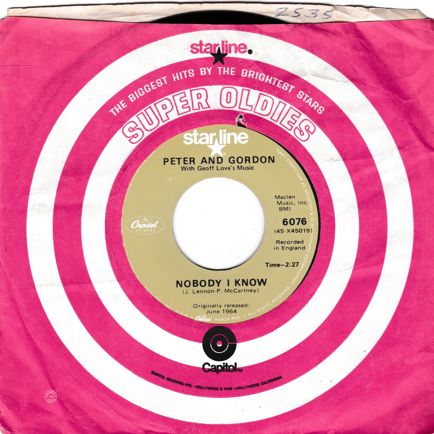 Vintage Peter and Gordon 'Nobody I Know' 7-inch record sleeve on Starline / Capitol Records. The sleeve features a bold pink and white spiral design with the title and artist printed in white on the pink background.