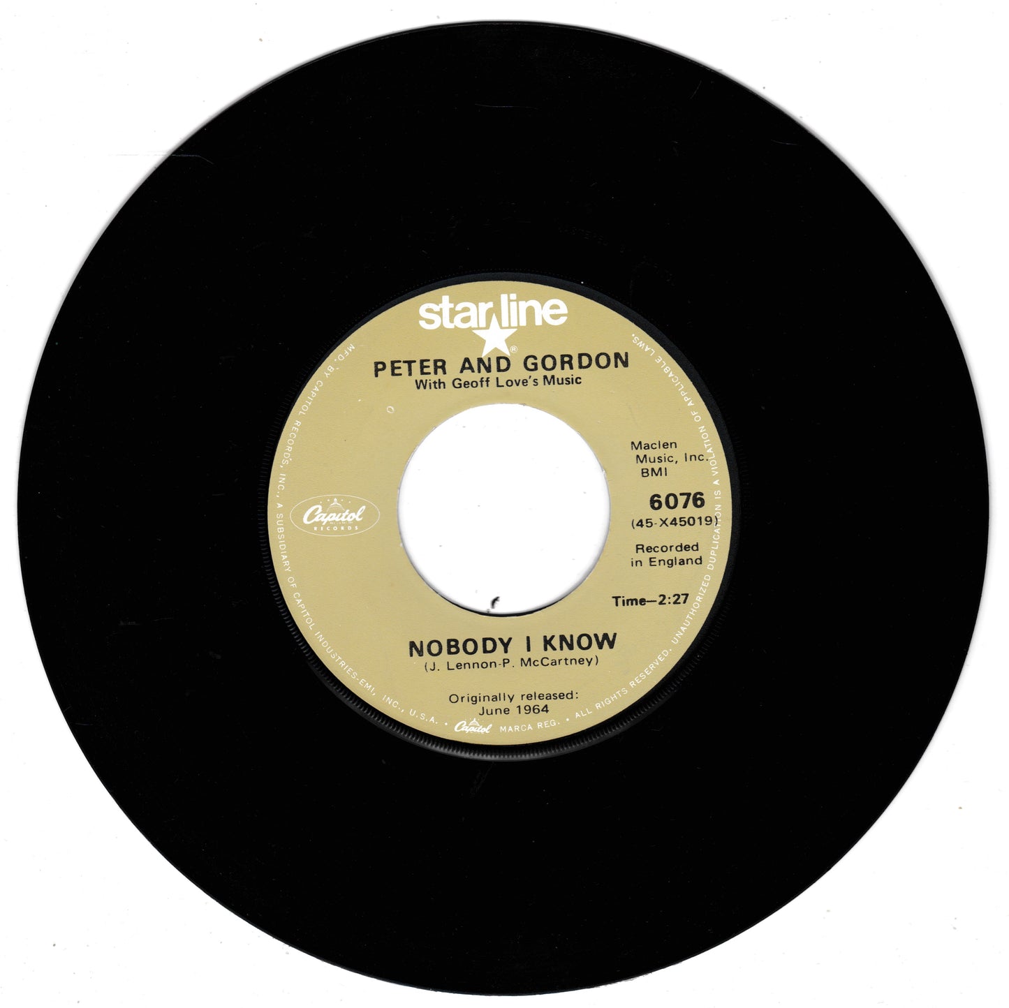 A black vinyl record with a beige centre label reading 'star line' and 'PETER AND GORDON  and 'NOBODY I KNOW', photographed on a white background.