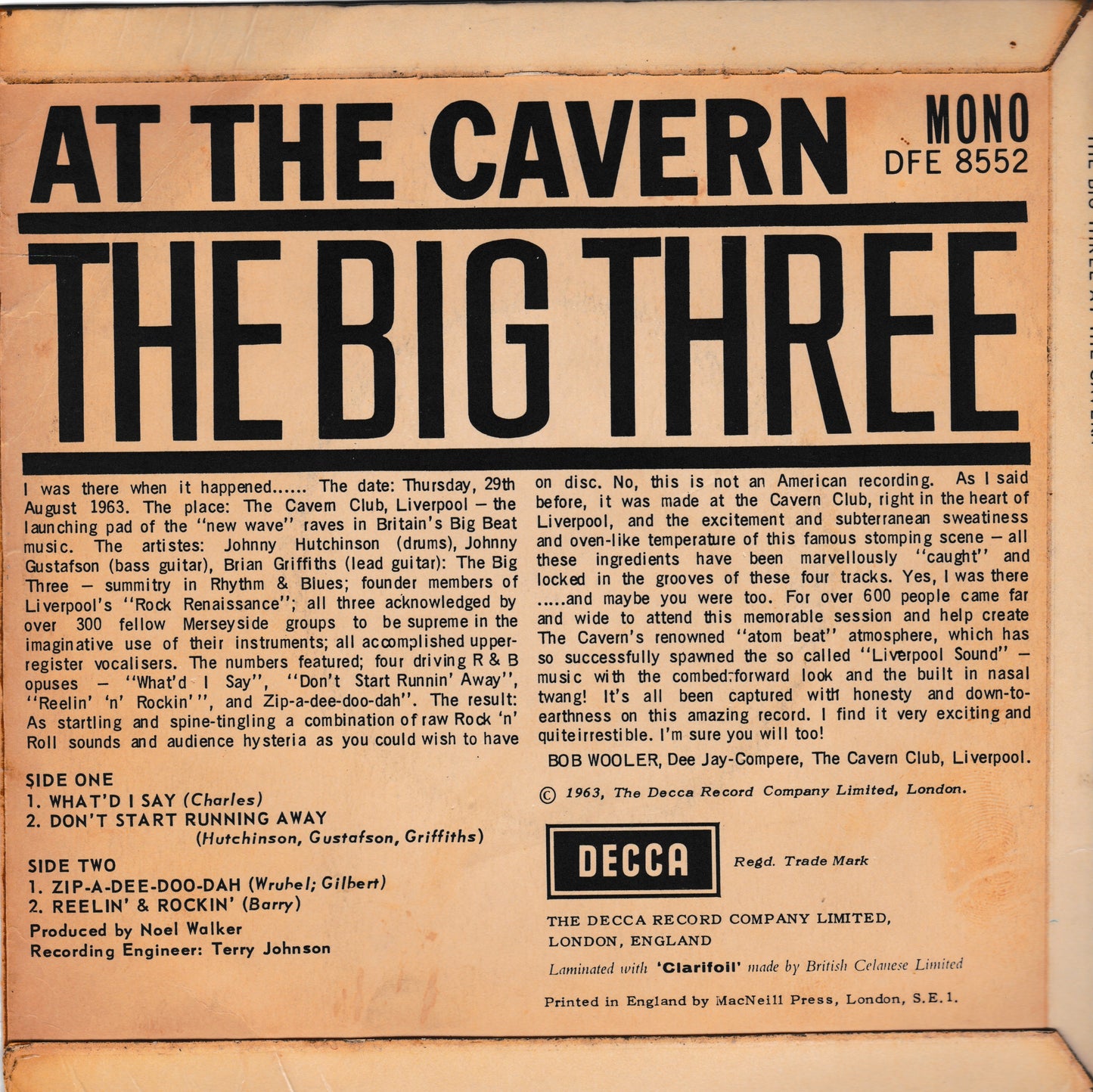 The back cover of a vinyl record for At This Cavern's 'Mono' release, featuring tracklist text, production credits, and the Decca logo on a warm tan background.