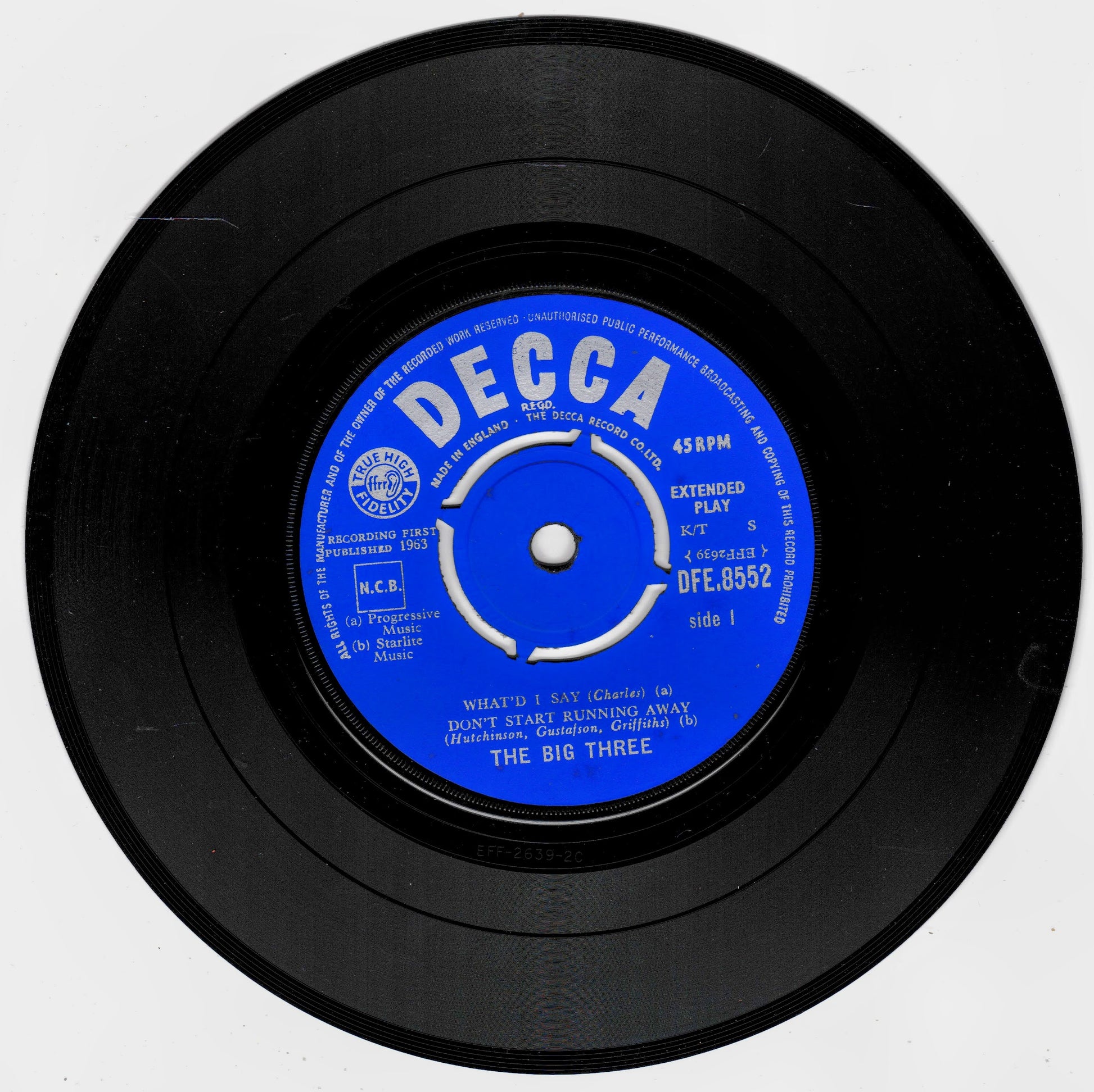 A black vinyl record with a blue and white Decca label, photographed against a plain white background.