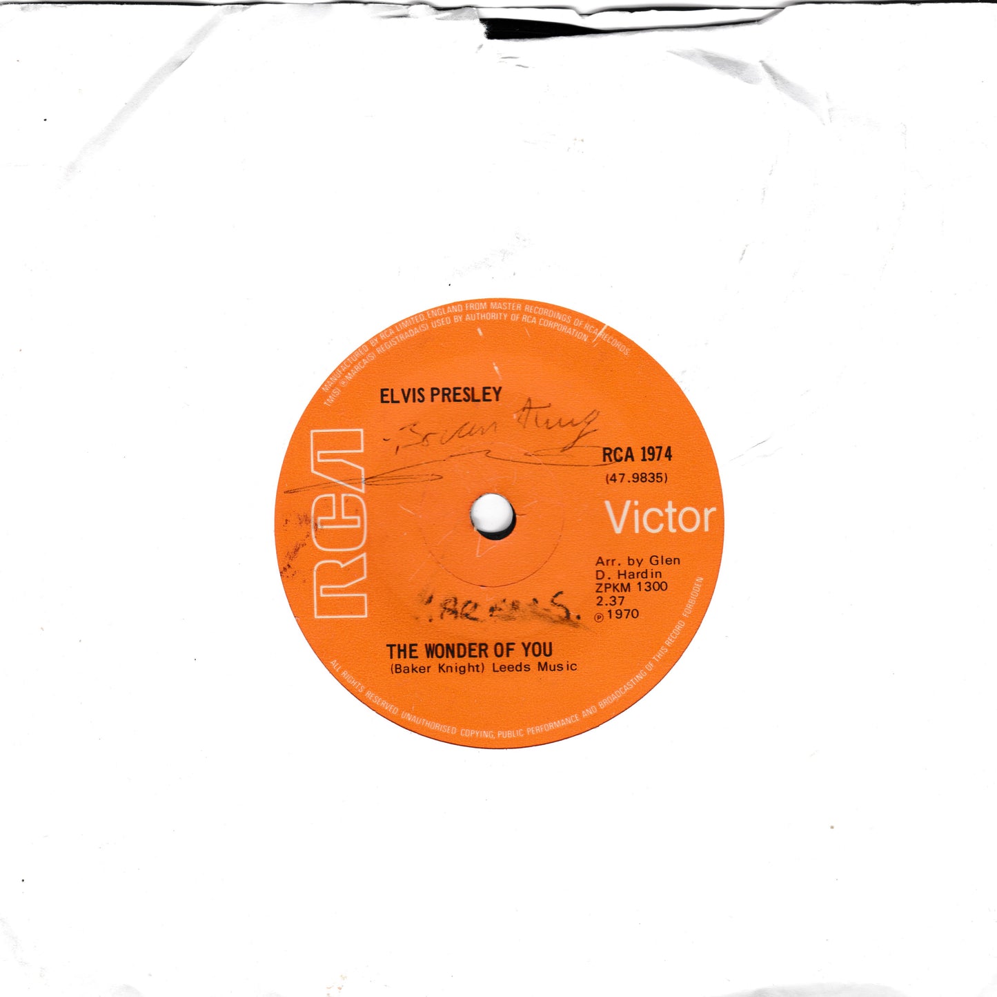 An orange vinyl record label for Elvis Presley's 'The Wonder of You' on RCA Victor, photographed against a white background.