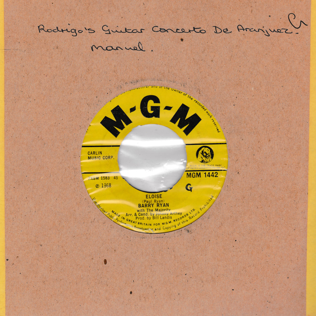A vintage M-G-M 7-inch record sleeve for 'Eloise' by Barry Ryan, featuring a bright yellow label on a textured tan cardboard cover with handwritten text at the top.