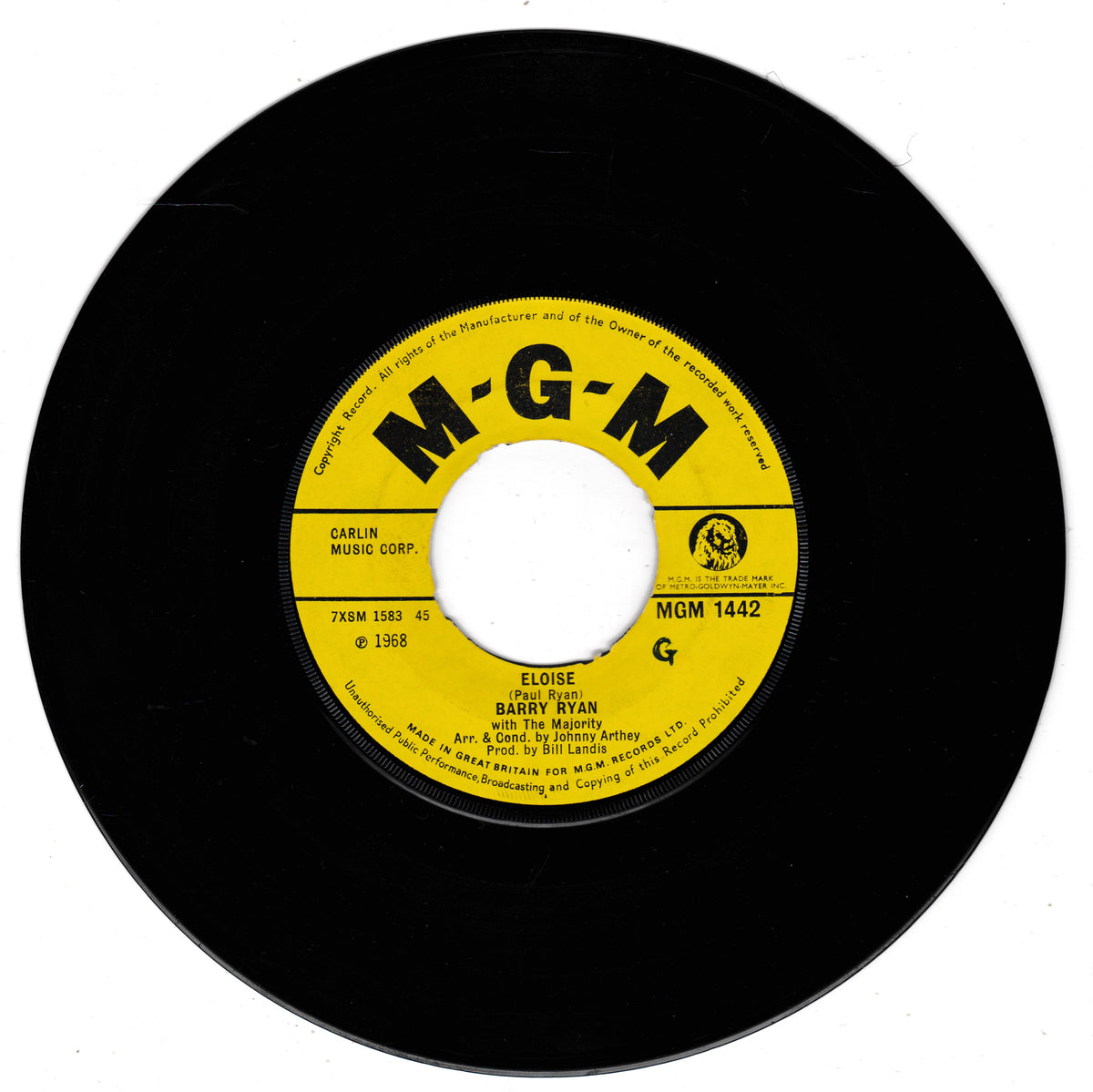 A black 7-inch vinyl record with a yellow M-G-M label, featuring the song 'Eloise' by Barry Ryan. The record is photographed flat against a white background.