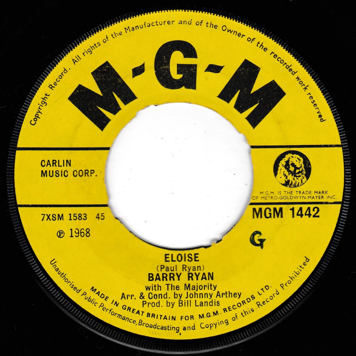 A vintage yellow MGM 1442 vinyl record label for 'Eloise' by Barry Ryan, featuring bold black typography and a central white circle on a black background.