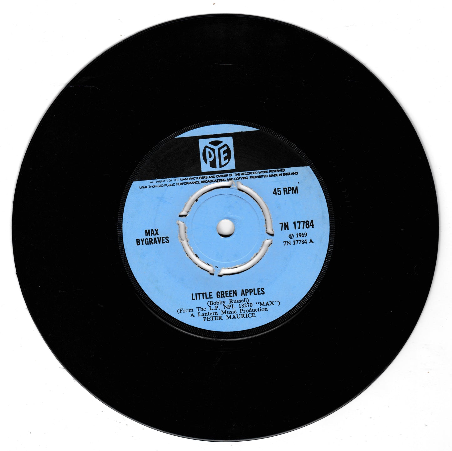 A black vinyl record with a light blue centre label, featuring the text 'Little Green Apples' and 'Max Bygraves'. The record is photographed on a clean white background.