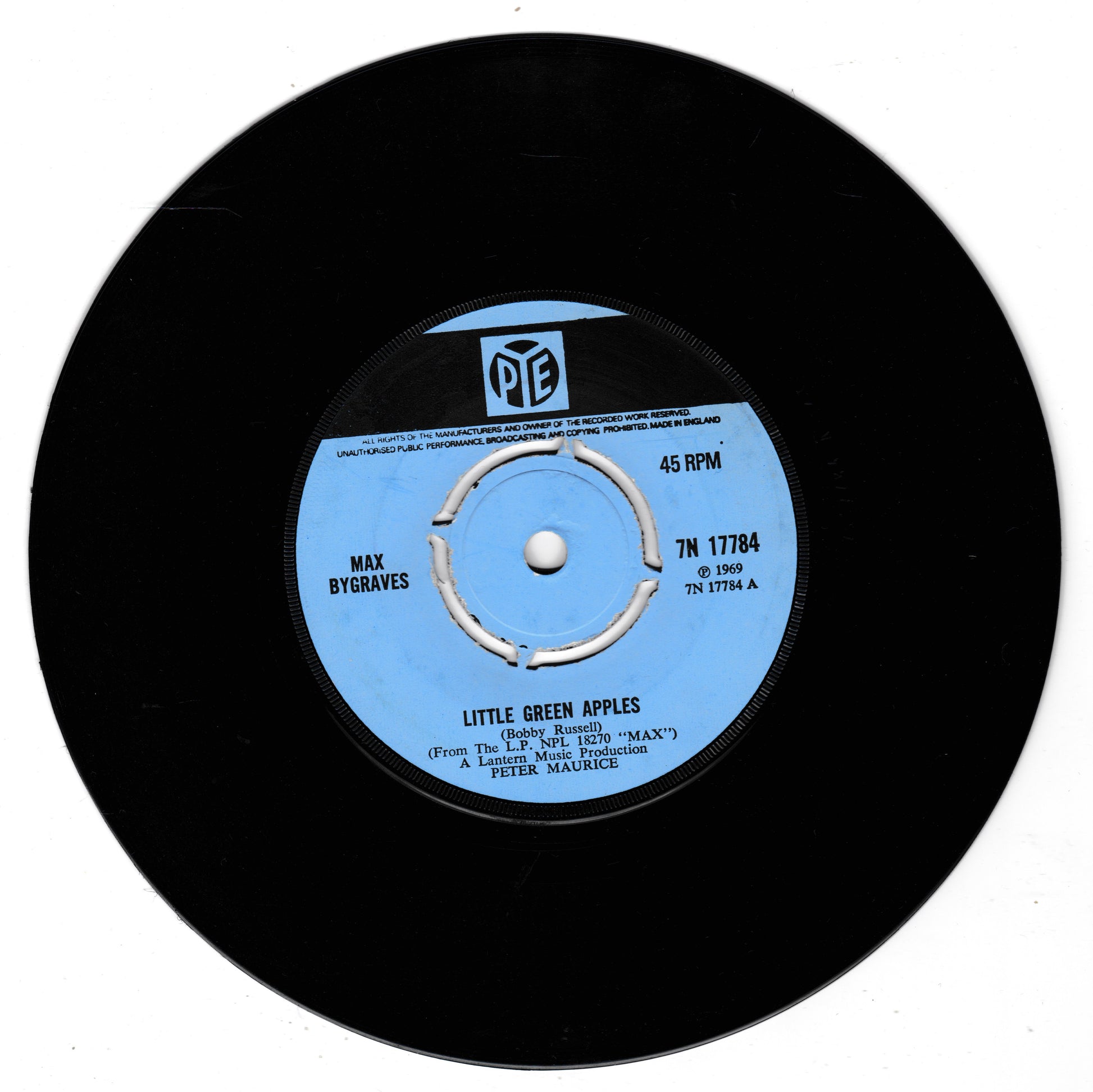 A black vinyl record with a light blue centre label, featuring the text 'Little Green Apples' and 'Max Bygraves'. The record is photographed on a clean white background.