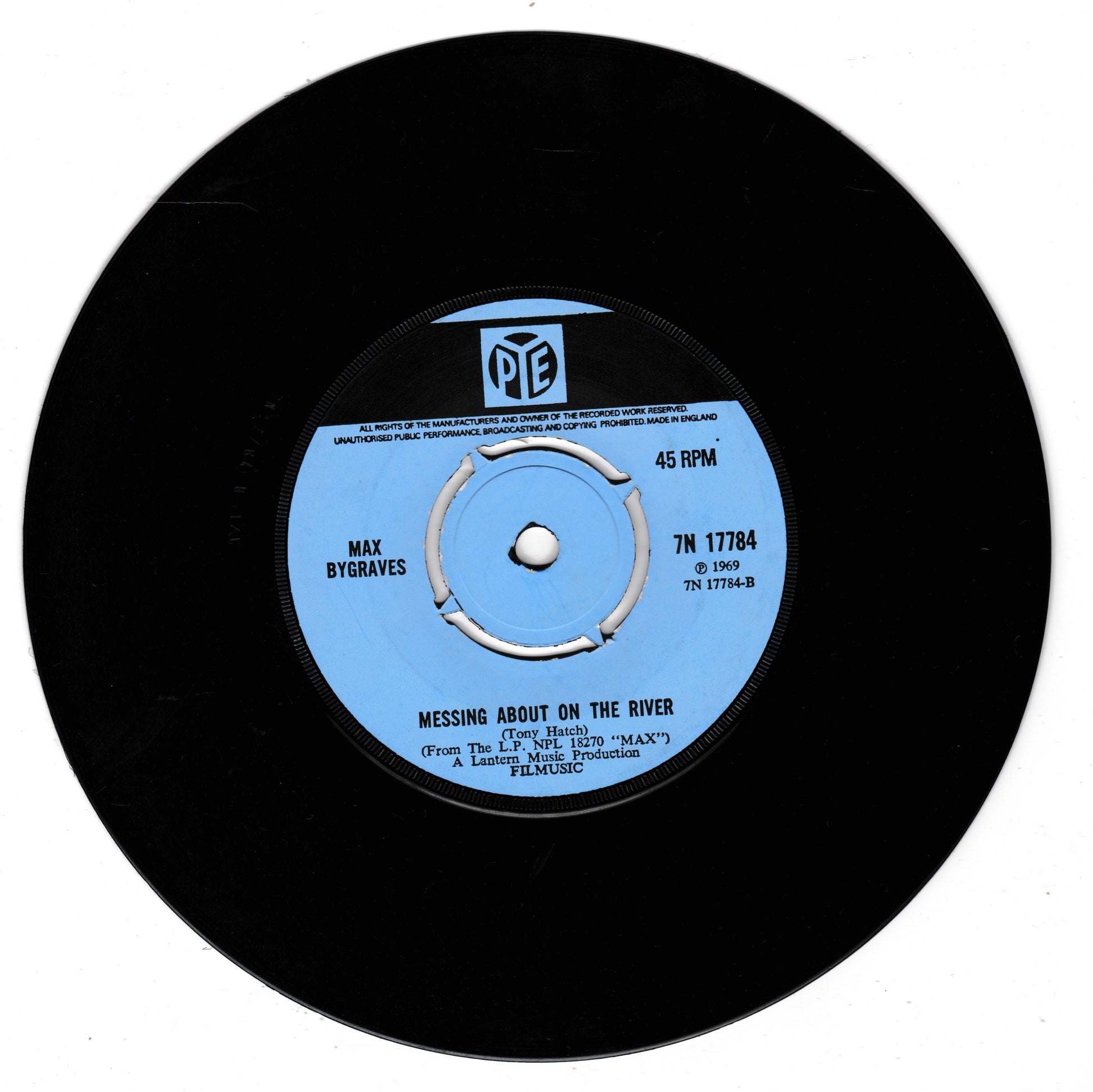 A black vinyl record with a light blue centre label reading 'Messing About on the River' by Max Bygraves, photographed on a plain white background.