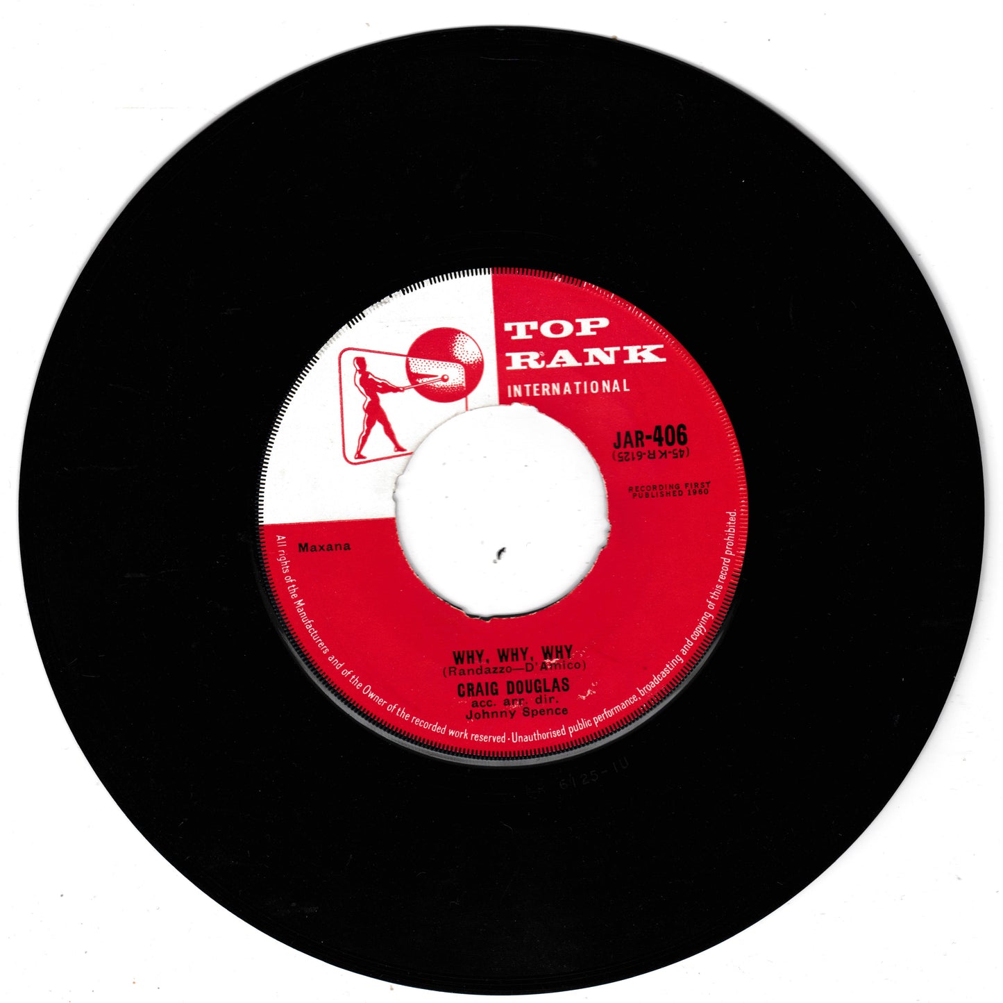 A black vinyl record with a red and white centre label reading 'TOP RANK INTERNATIONAL' and 'WAY, WAY, WAY' by Craig Douglas, photographed on a white background.