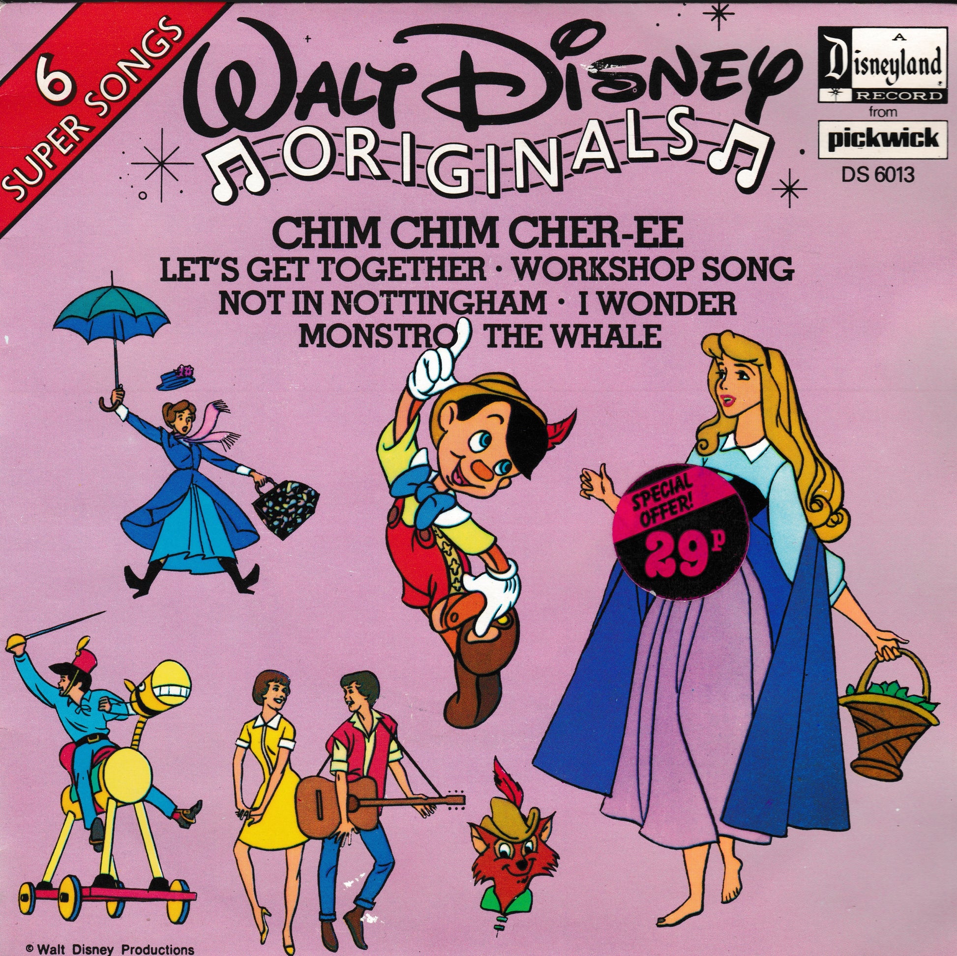 Walt Disney Originals Chim Chim Cher-ee 7-inch vinyl record cover, featuring a pink background with illustrated characters including Pinocchio, Cinderella, and Mickey Mouse, along with song titles and Pickwick / Disneyland Records branding.