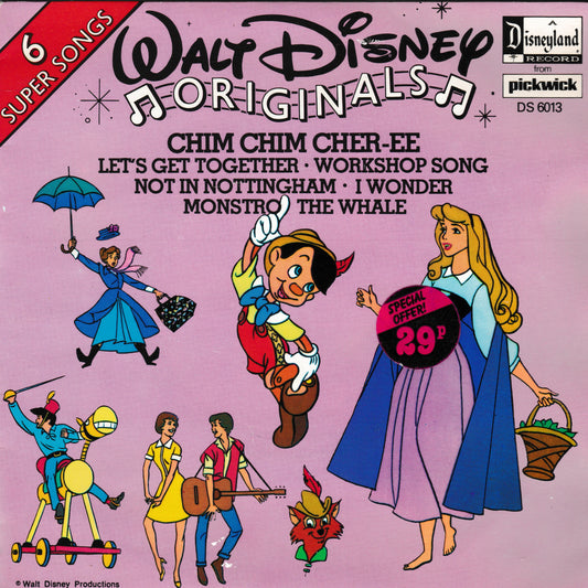 Walt Disney Originals Chim Chim Cher-ee 7-inch vinyl record cover, featuring a pink background with illustrated characters including Pinocchio, Cinderella, and Mickey Mouse, along with song titles and Pickwick / Disneyland Records branding.