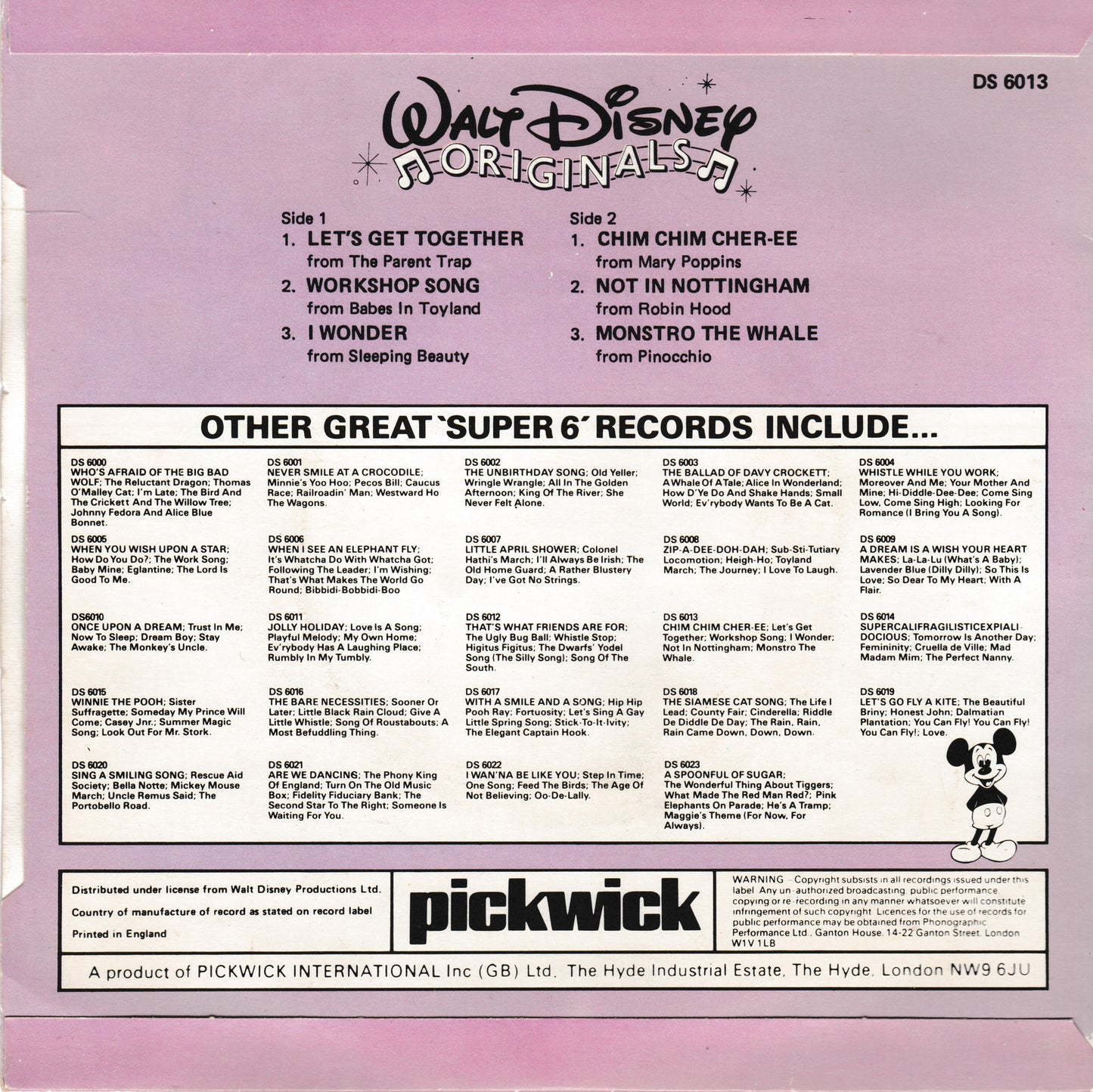 The back cover of a vintage Pickwick Disney Walt Disney 'Walt Disney Originals' music compilation EP, featuring track listings and a pink background with black text.