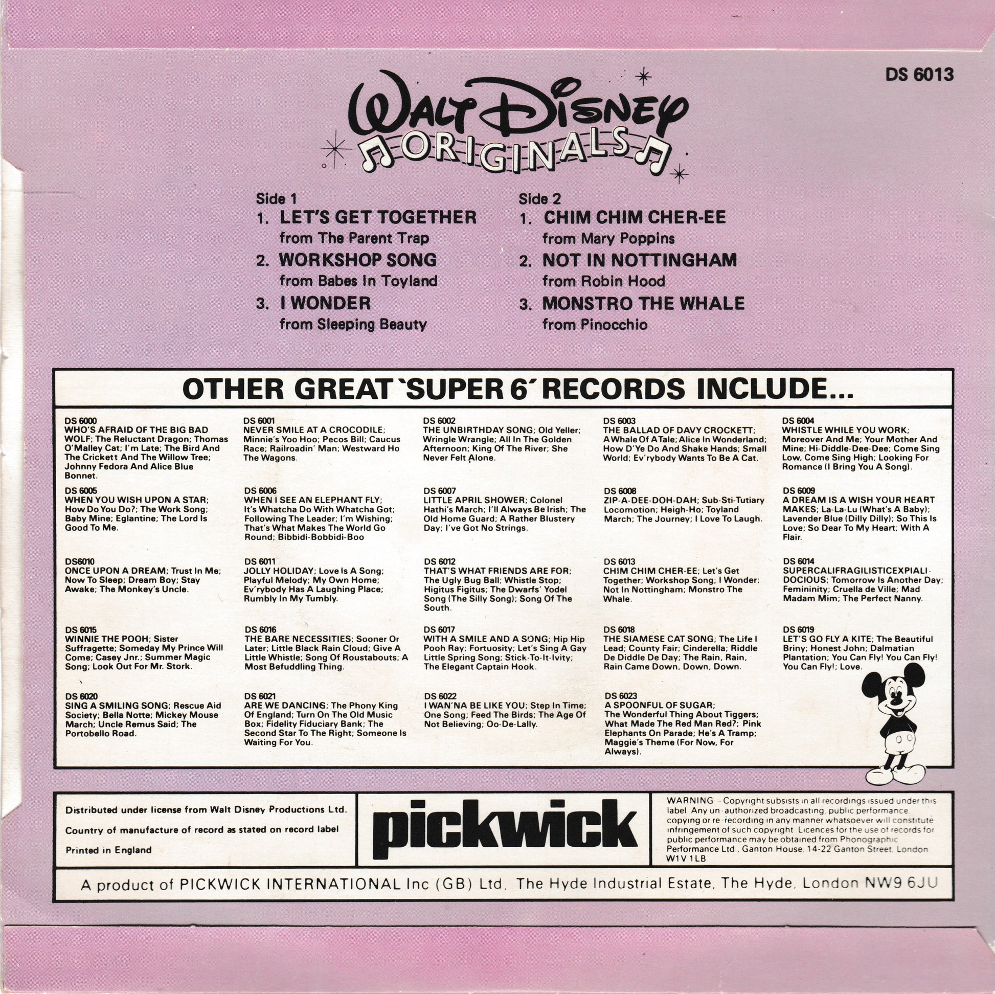 The back cover of a vintage Pickwick Disney Walt Disney 'Walt Disney Originals' music compilation EP, featuring track listings and a pink background with black text.