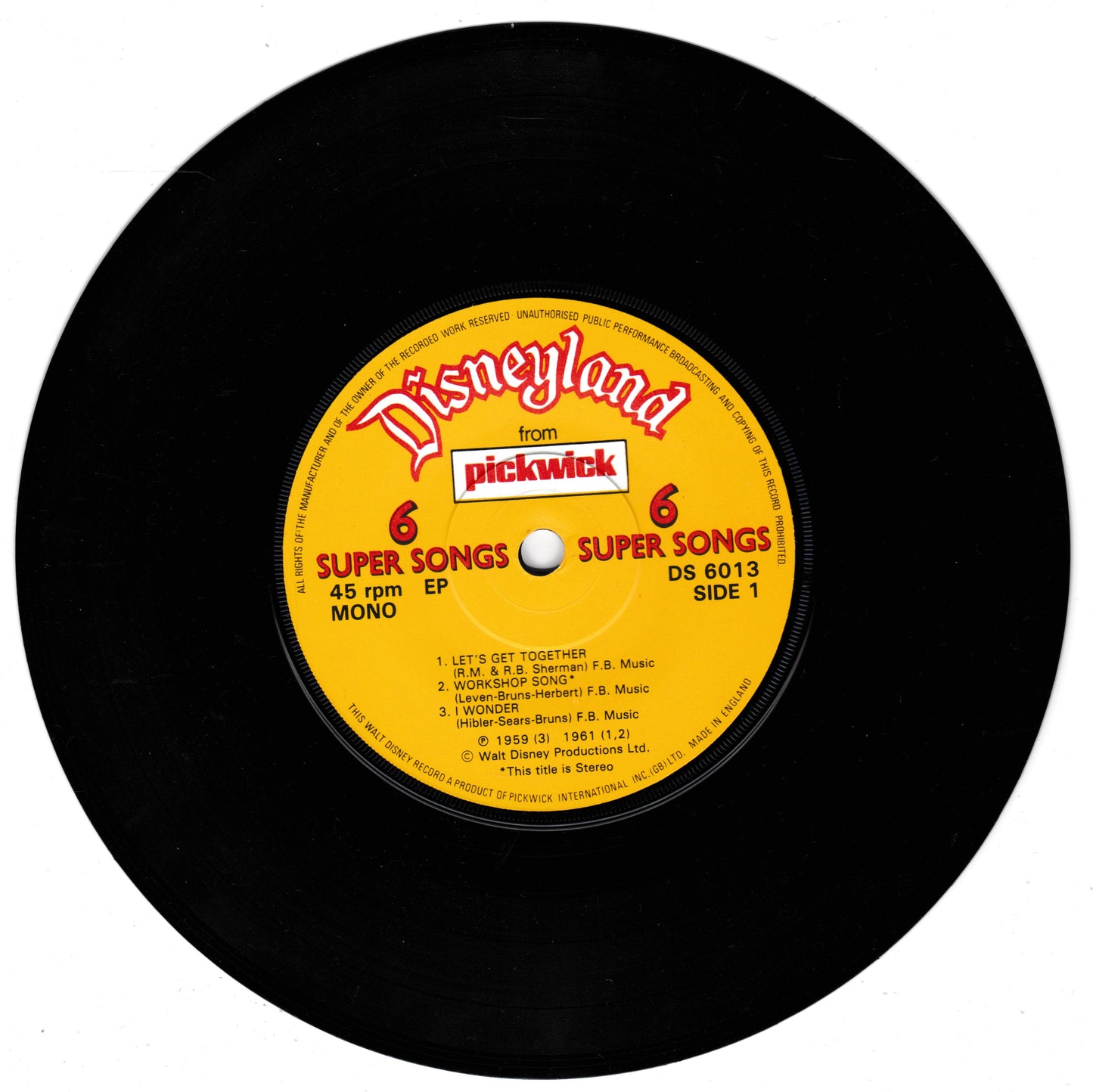 A vintage Disneyland 7-inch vinyl record with a bright yellow centre label featuring the Disneyland and Pickwick logos, photographed on a black background.